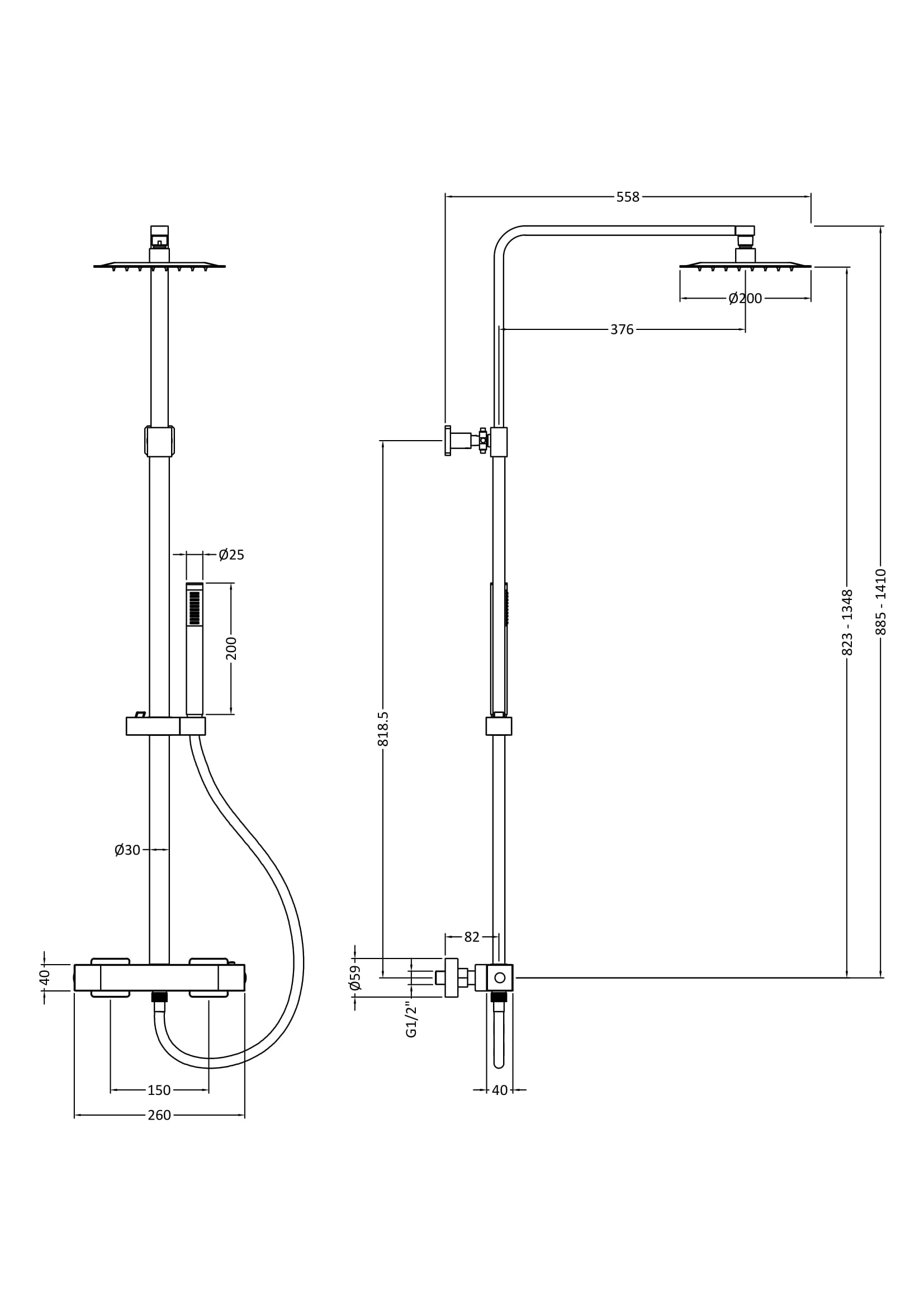 High-quality shower system diagram with precise measurements for Bubly Bathrooms. Ideal for modern bathroom renovation and installation guidance.