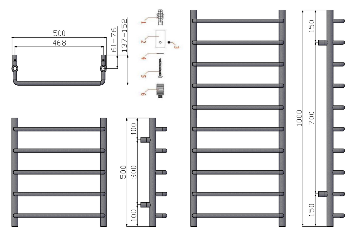 Reina Aliano Chrome Heated Towel Rail - technical drawing with dimensions