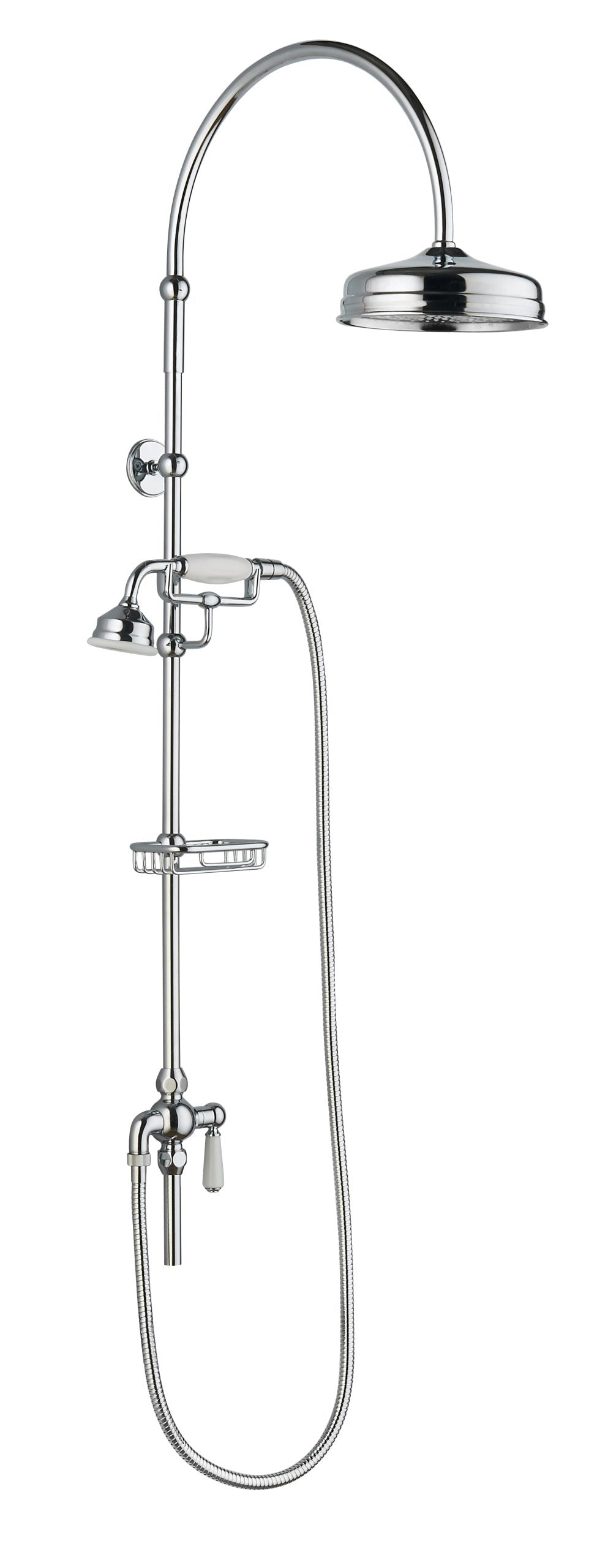 Polished chrome vintage style shower head and hose set from Bubly Bathrooms. Classic design with modern functionality, ideal for traditional or contemporary bathrooms. Heavy-duty and durable finish.