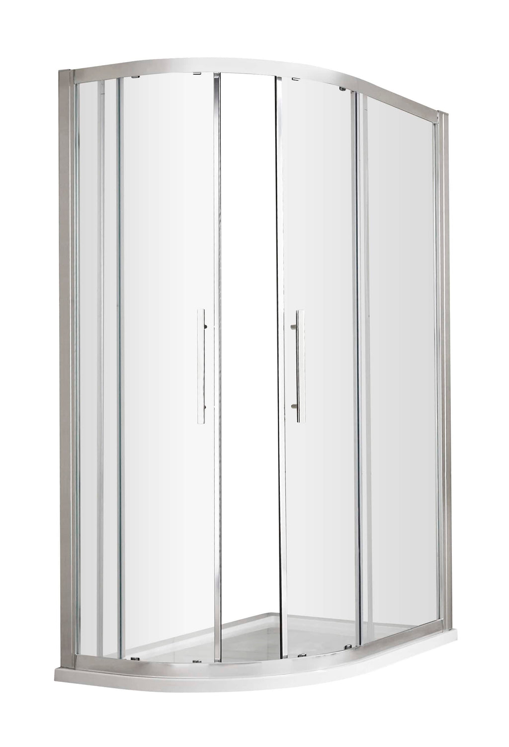 Shower enclosure from Bubly Bathrooms with curved glass doors and aluminium frame for modern bathroom renovation.