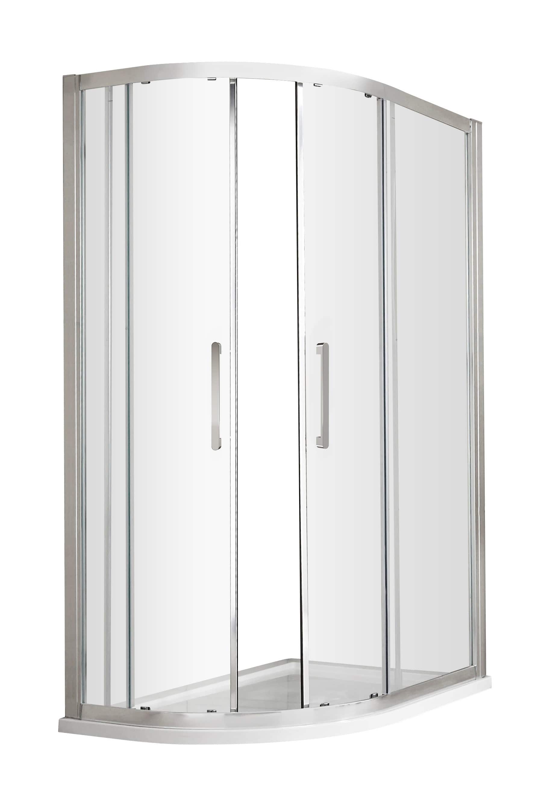 Shower enclosure with sliding doors and curved glass for modern bubly bathroom designs. Perfect for space-saving and stylish bathroom renovations.