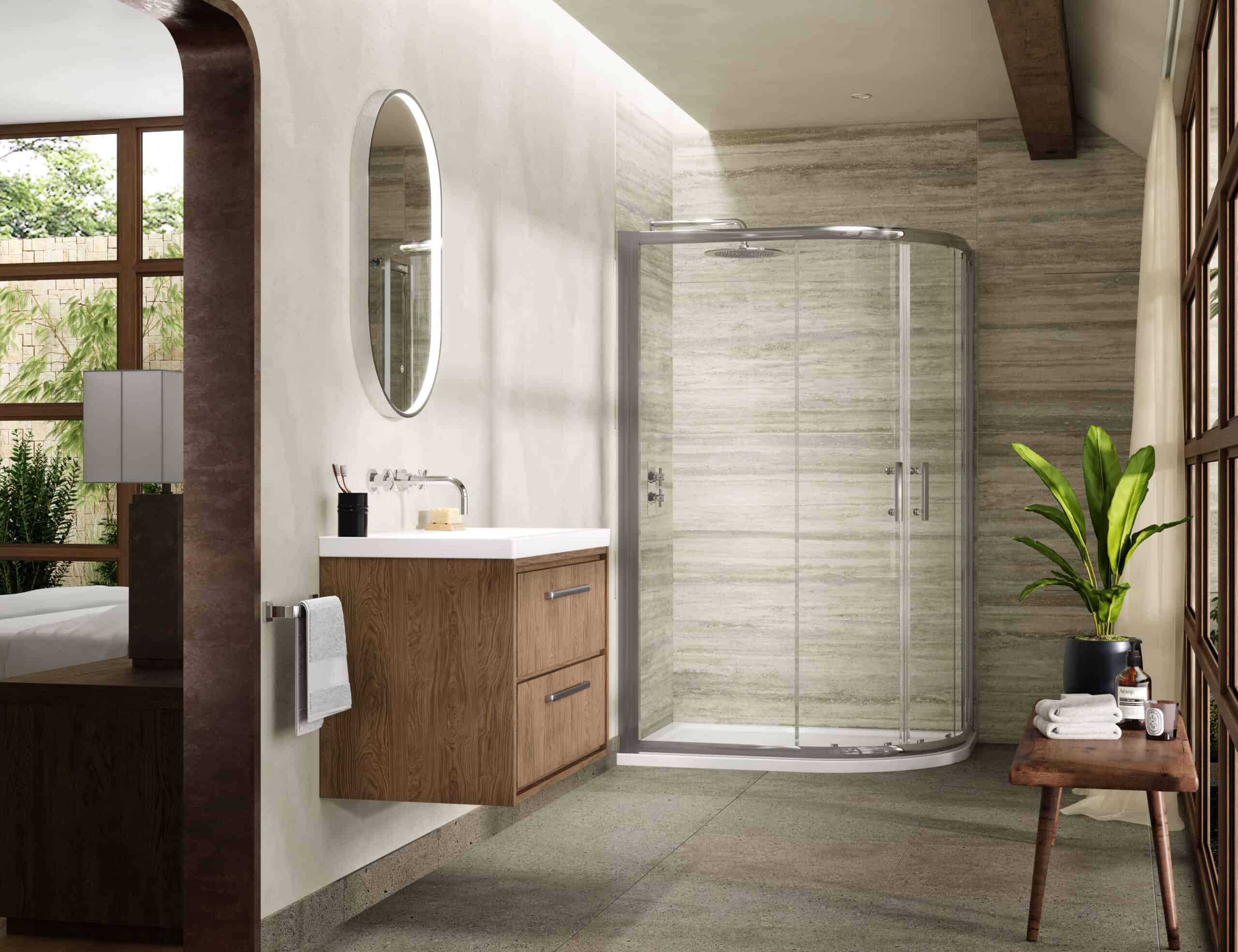 Modern bathroom with walk-in shower, wooden vanity, large oval mirror, and lush green plant for a stylish Bubly Bathrooms look.