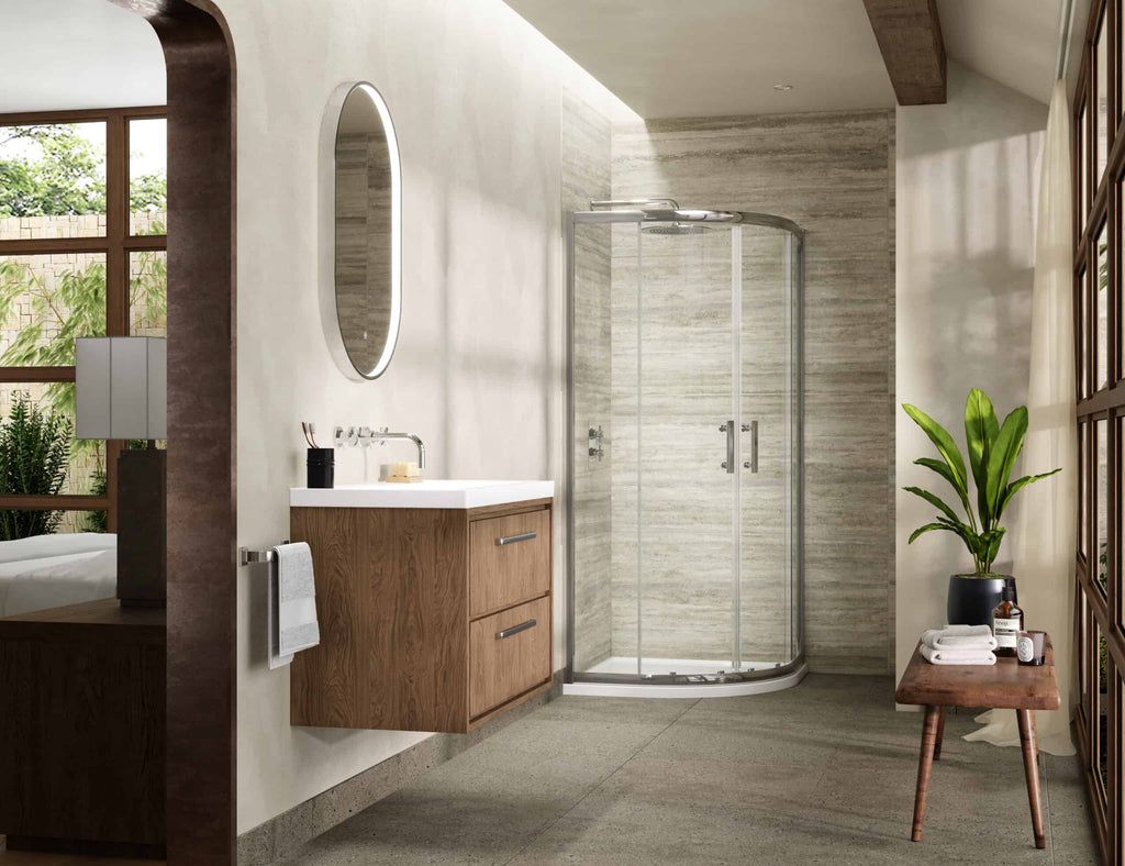 Modern bathroom with glass shower enclosure, wooden vanity unit, large mirror, indoor plant, natural light, neutral tones, and contemporary fixtures for elegant bathroom design.