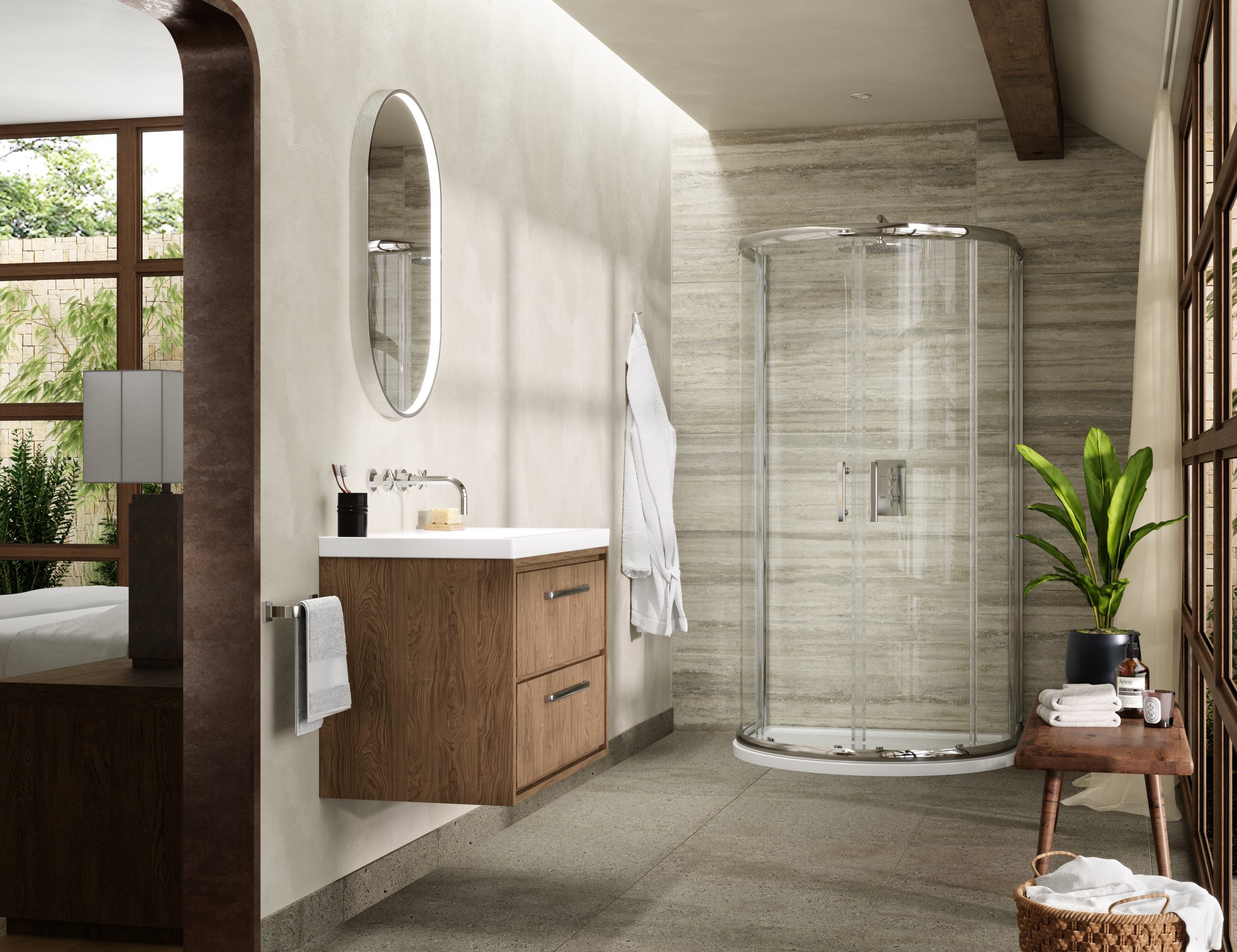 Modern bathroom with wooden vanity, oval mirror, glass shower enclosure, and natural light, featuring contemporary design, neutral tones, and lush plant decoration, perfect for stylish bathroom makeovers.