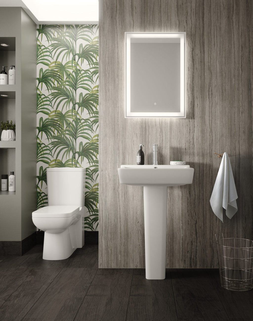 Sleek modern bathroom with white ceramic toilet and pedestal sink, textured wood-effect wall panels, illuminated mirror, and black and white accessories, creating a stylish and functional space.