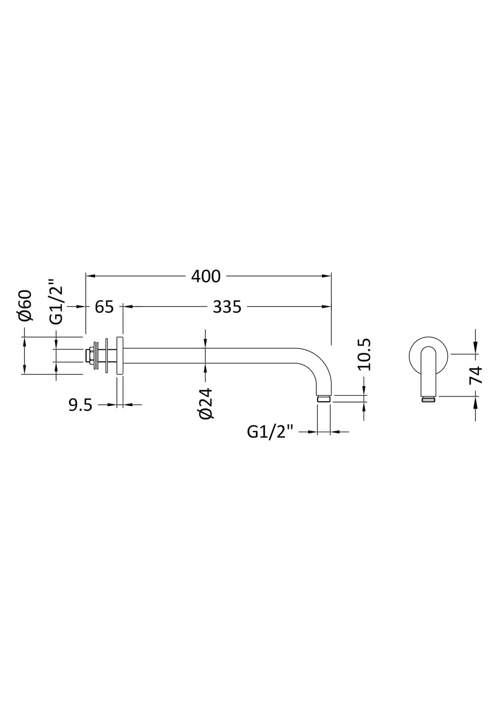 Flexible kitchen and bathroom tap technical drawing with dimensions, suitable for Bubly Bathrooms bathroom installation and plumbing solutions, featuring G1/2" connectors.