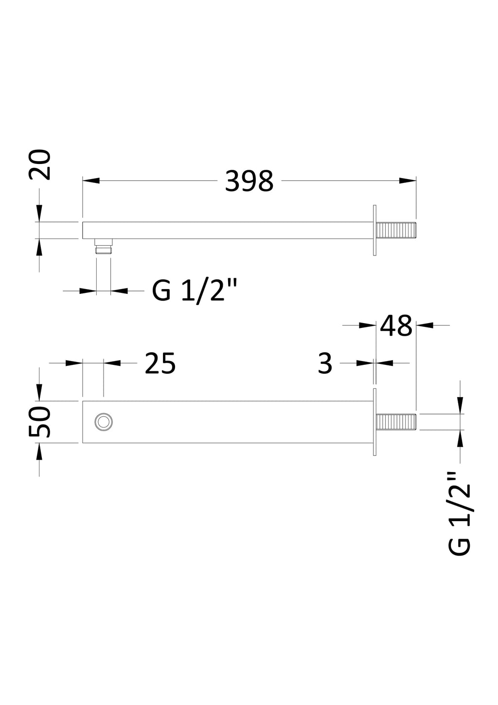 Aluminium shower arm with precise dimensions for Bubly Bathrooms bathroom fixtures, featuring G 1/2" connection and sleek design, ideal for modern shower installations.
