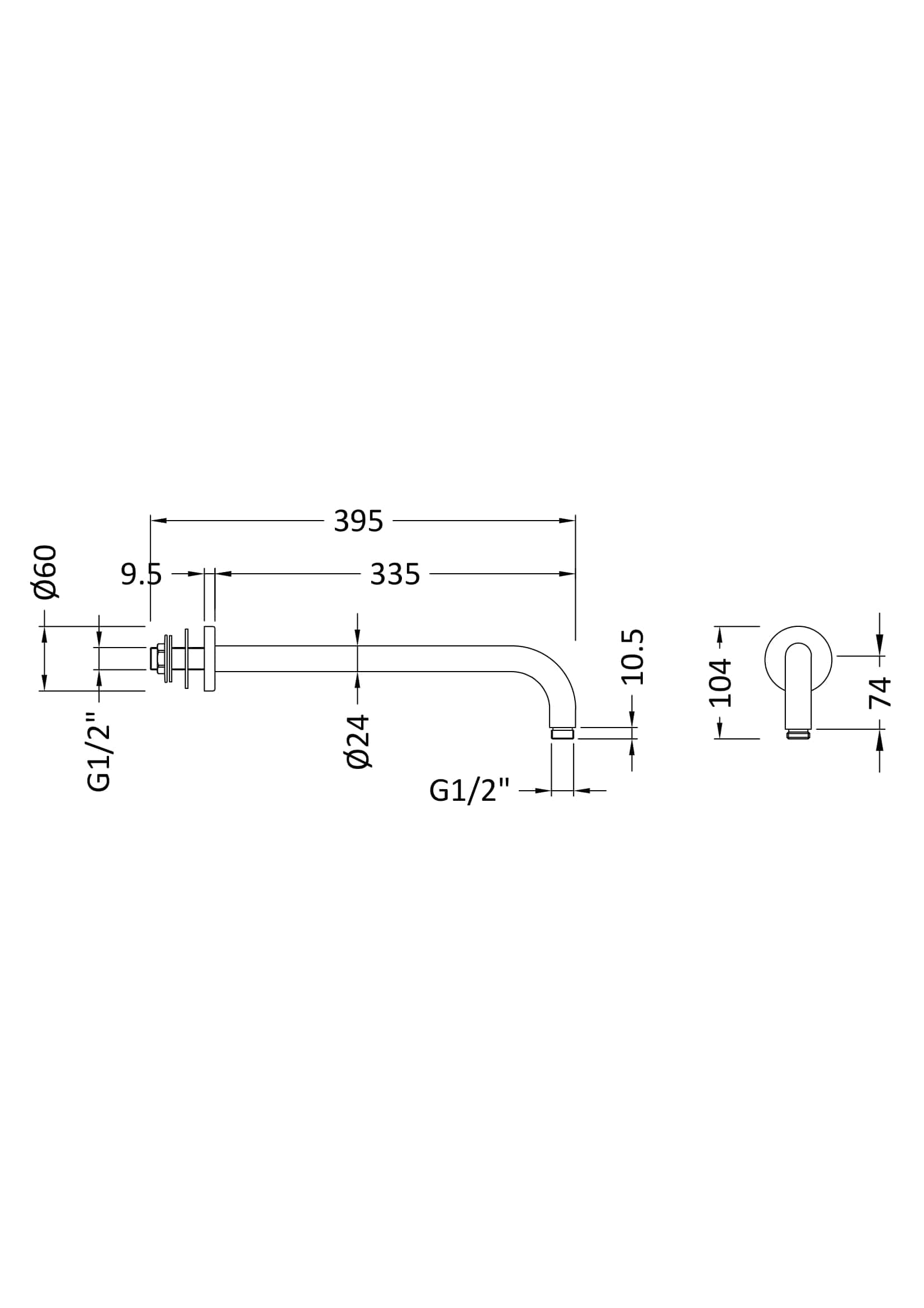 Flexible bathroom tap spout with technical dimensions for Bubly Bathrooms, chrome finish, G1/2" connection, ideal for modern bathroom designs.