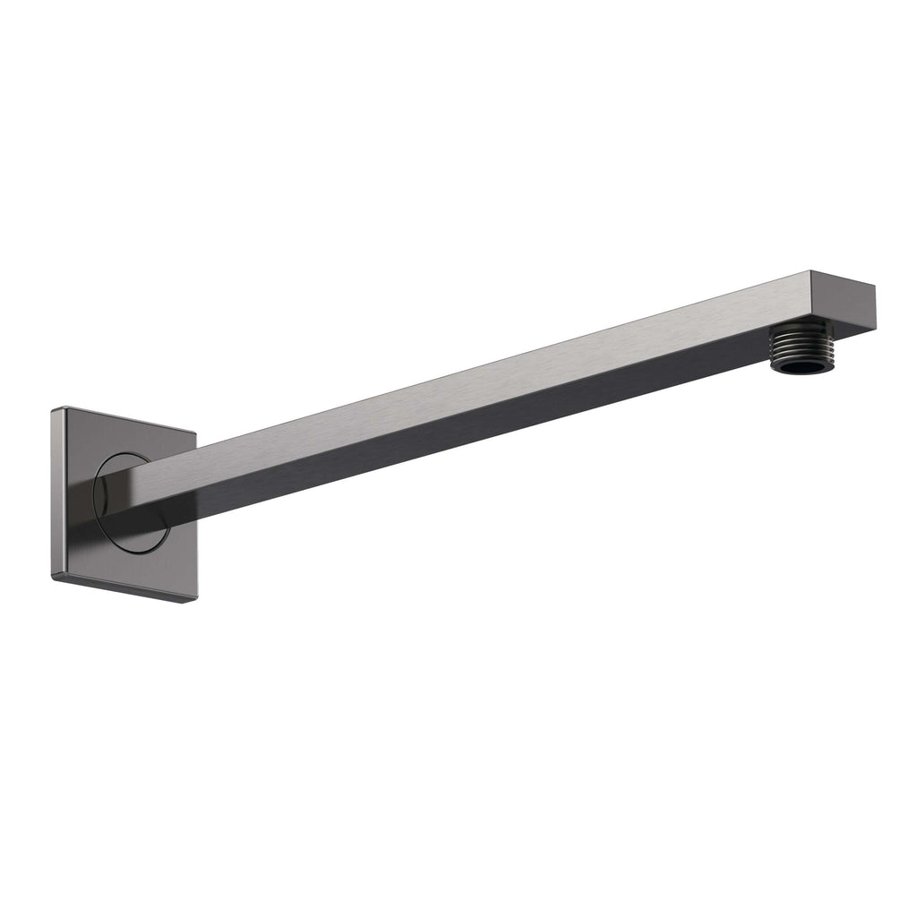 Modern stainless steel bathroom shower arm with wall mount and adjustable fitting, ideal for contemporary bathroom designs, providing reliable water delivery.