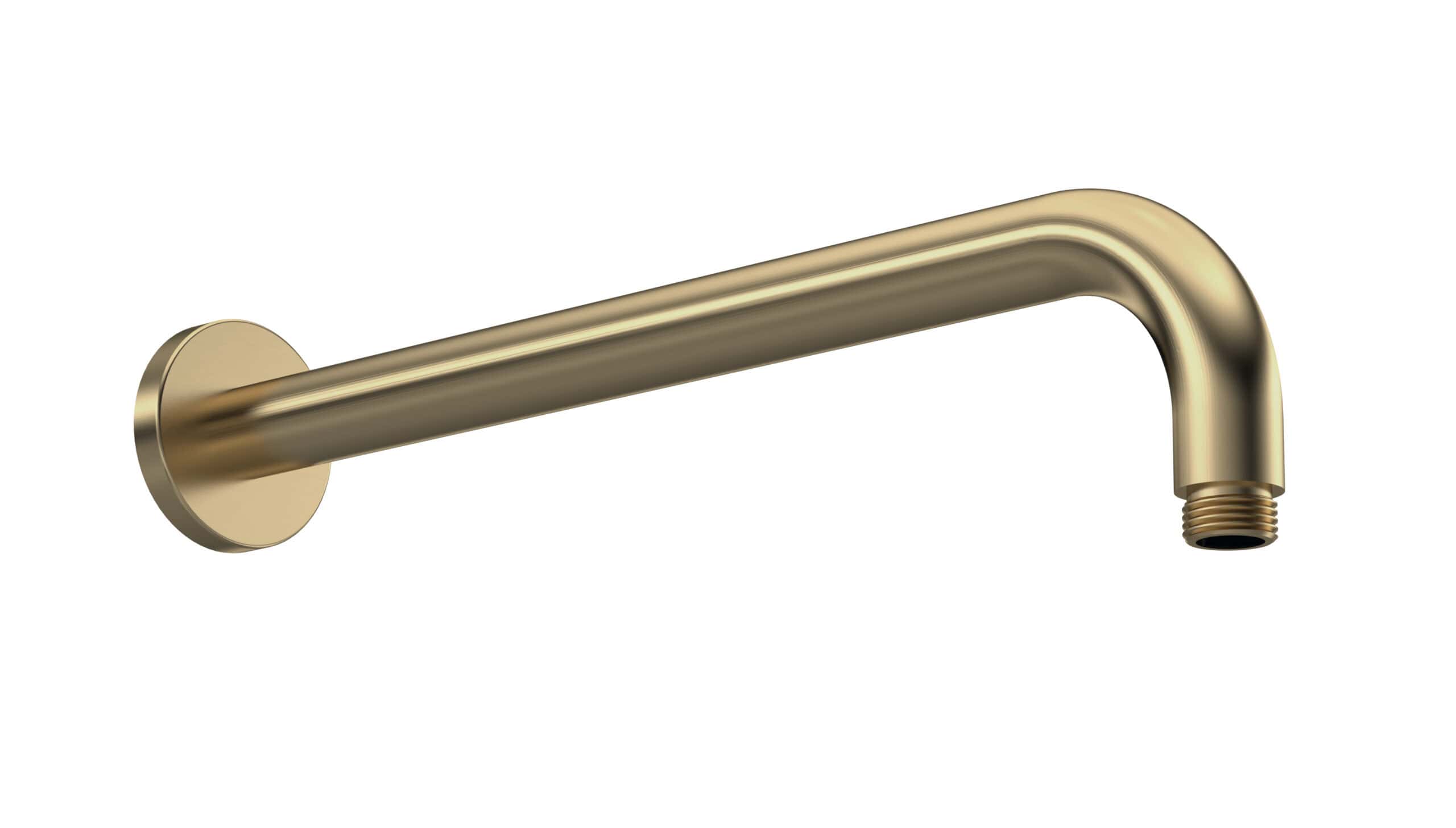 Polished brass bathroom shower arm for Bubly Bathrooms, modern plumbing accessories, durable shower fixtures, high-quality brass shower pipe for a sleek bathroom look.
