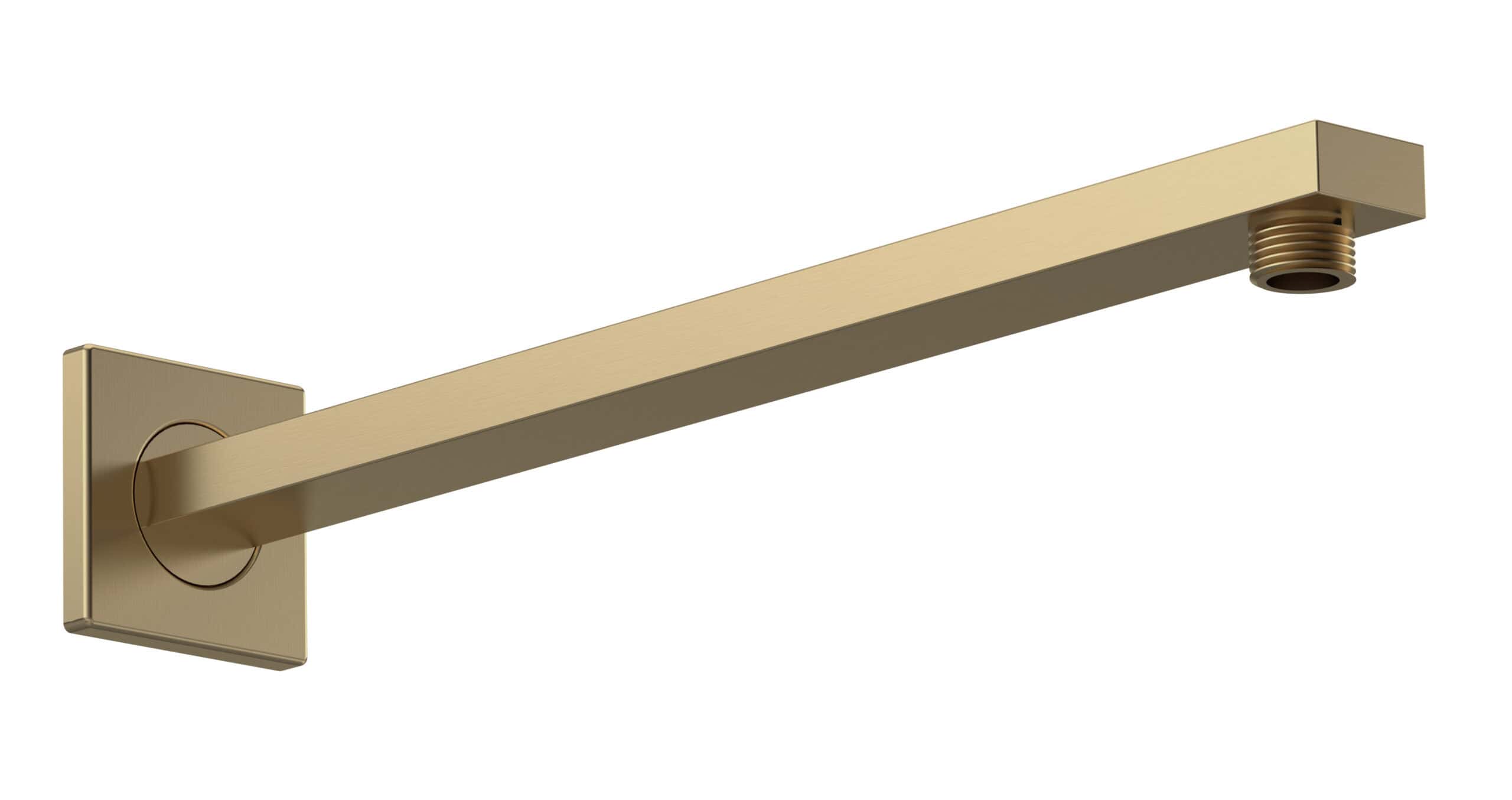 Sleek gold bathroom shower arm with wall mount and threaded connection for modern bathroom fixtures. Ideal for high-quality, stylish shower installations.