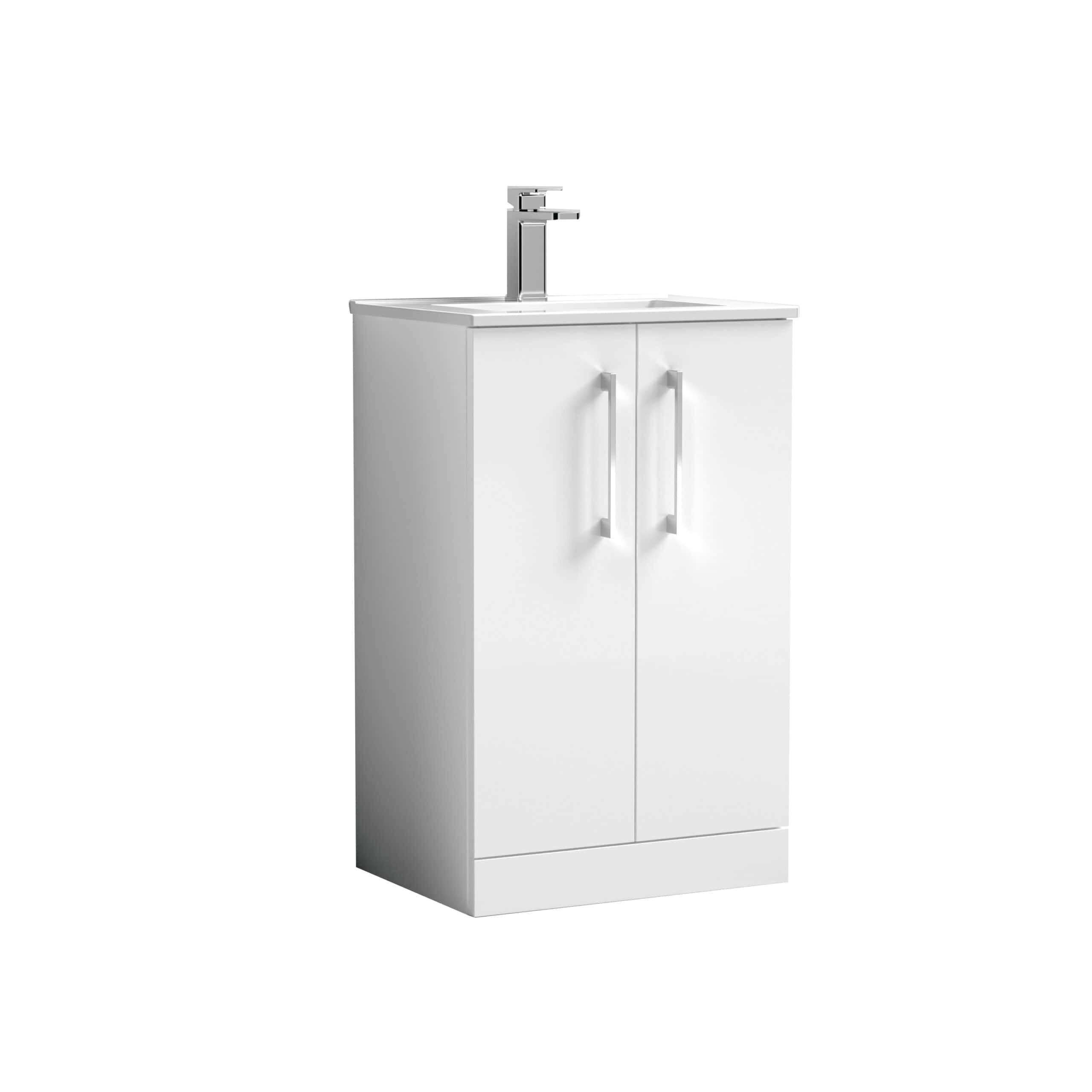 Brushed white bathroom vanity cabinet with a built-in sink and modern chrome faucet, ideal for contemporary bathroom decor and storage.