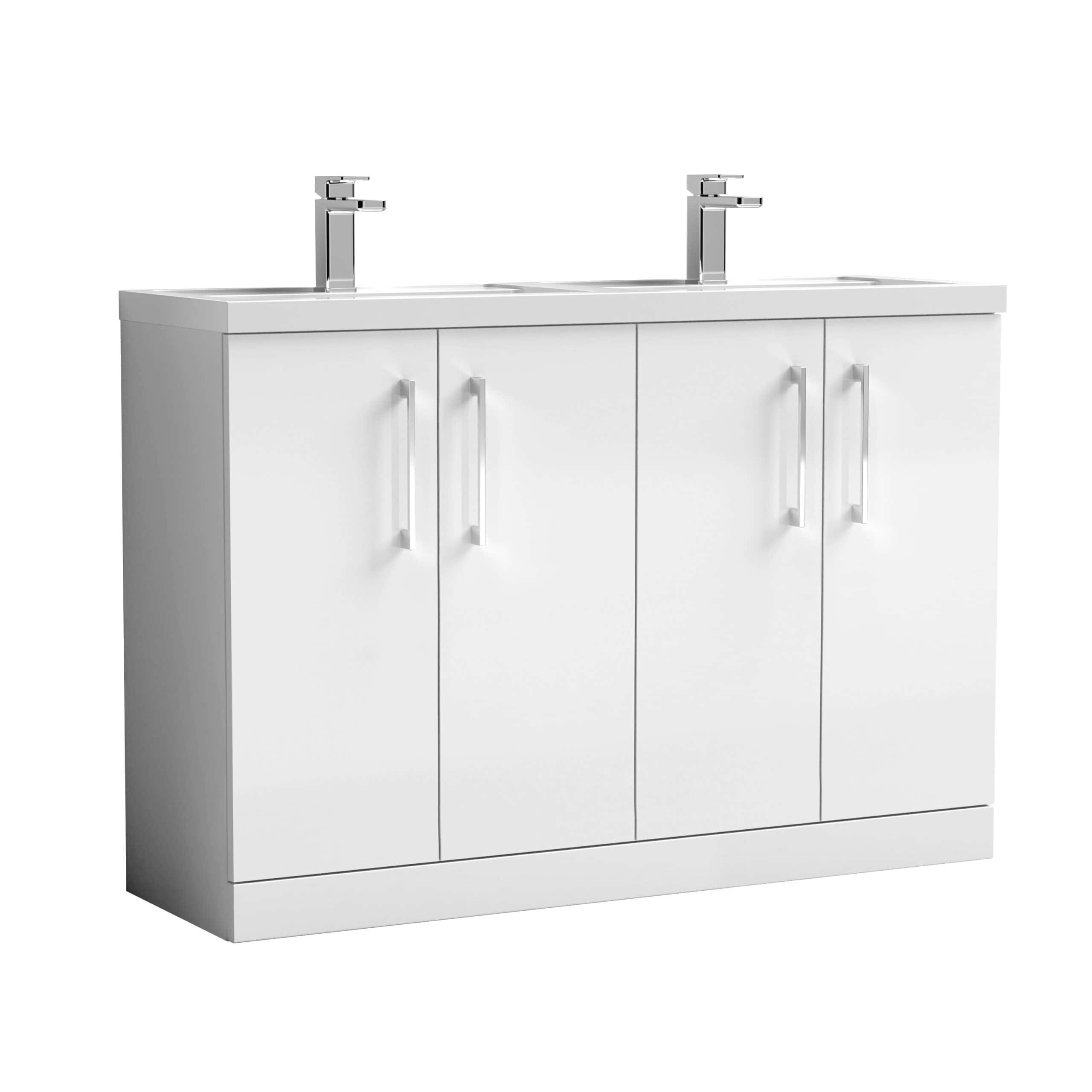 White bathroom vanity unit with dual sinks, modern chrome taps, and ample storage cabinets, ideal for contemporary bathroom remodels and installations.