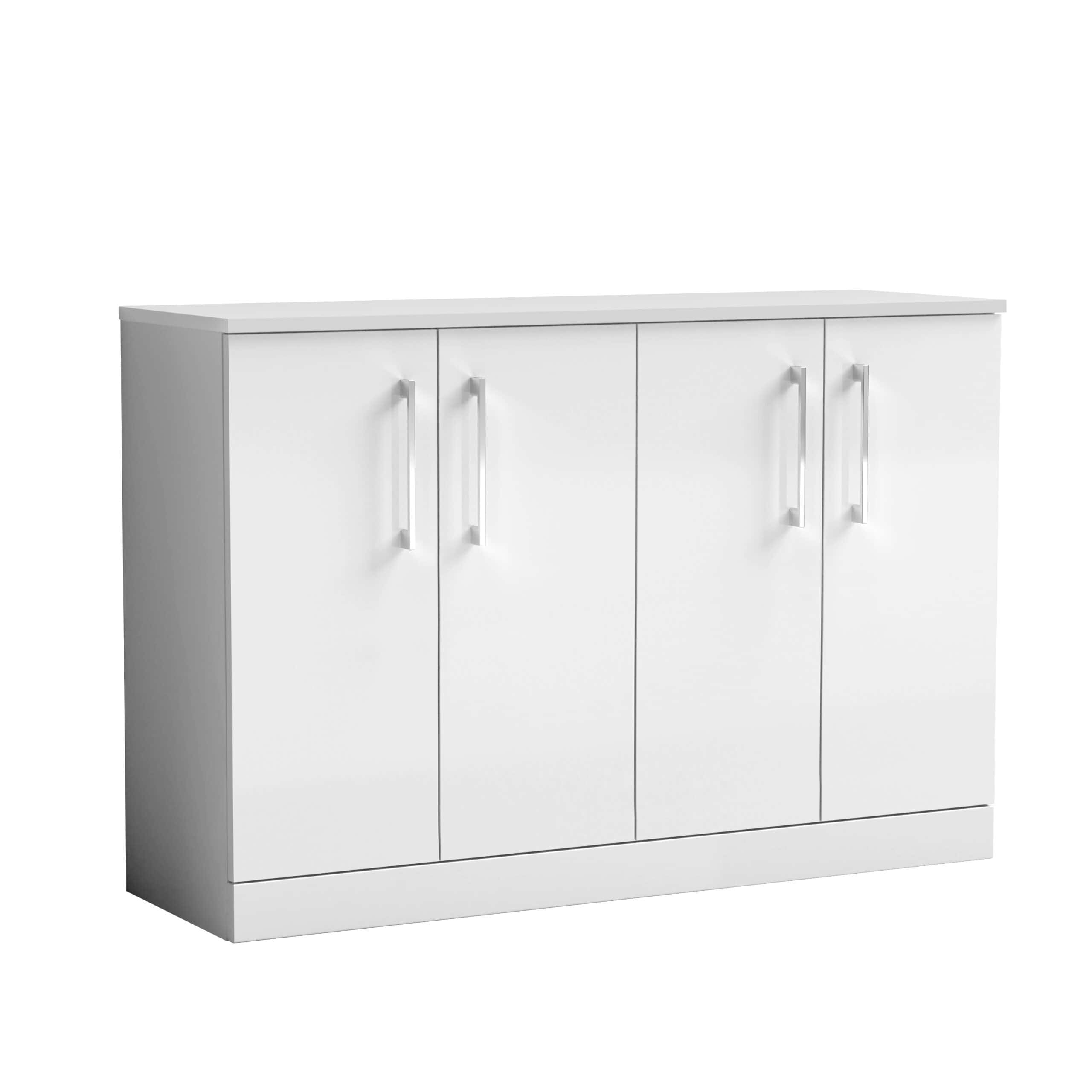 White modern bathroom storage cabinet with four doors and sleek silver handles, ideal for organising bathroom essentials with style.