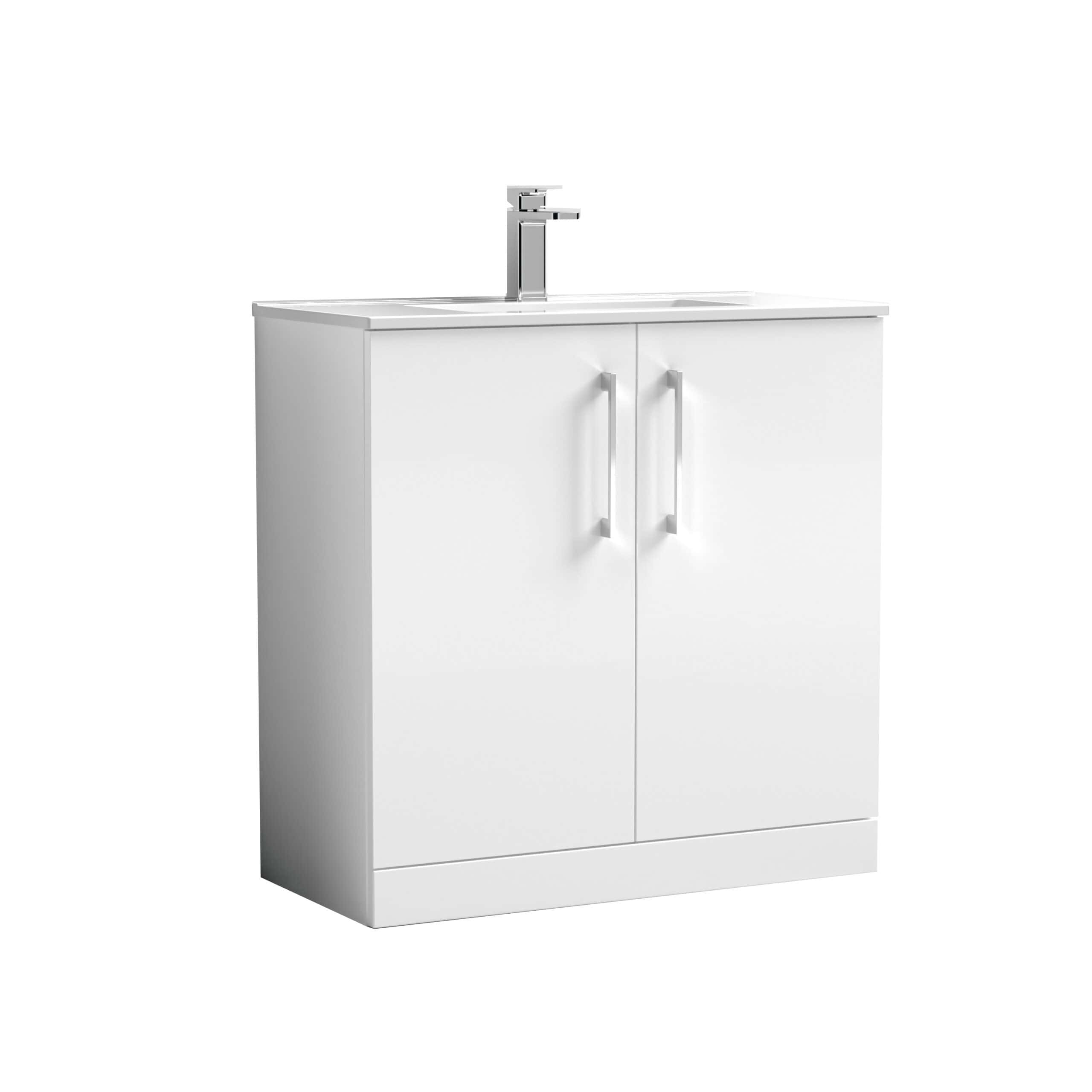 Contemporary white bathroom vanity with double doors and integrated sink, perfect for modern bathroom designs and storage solutions.