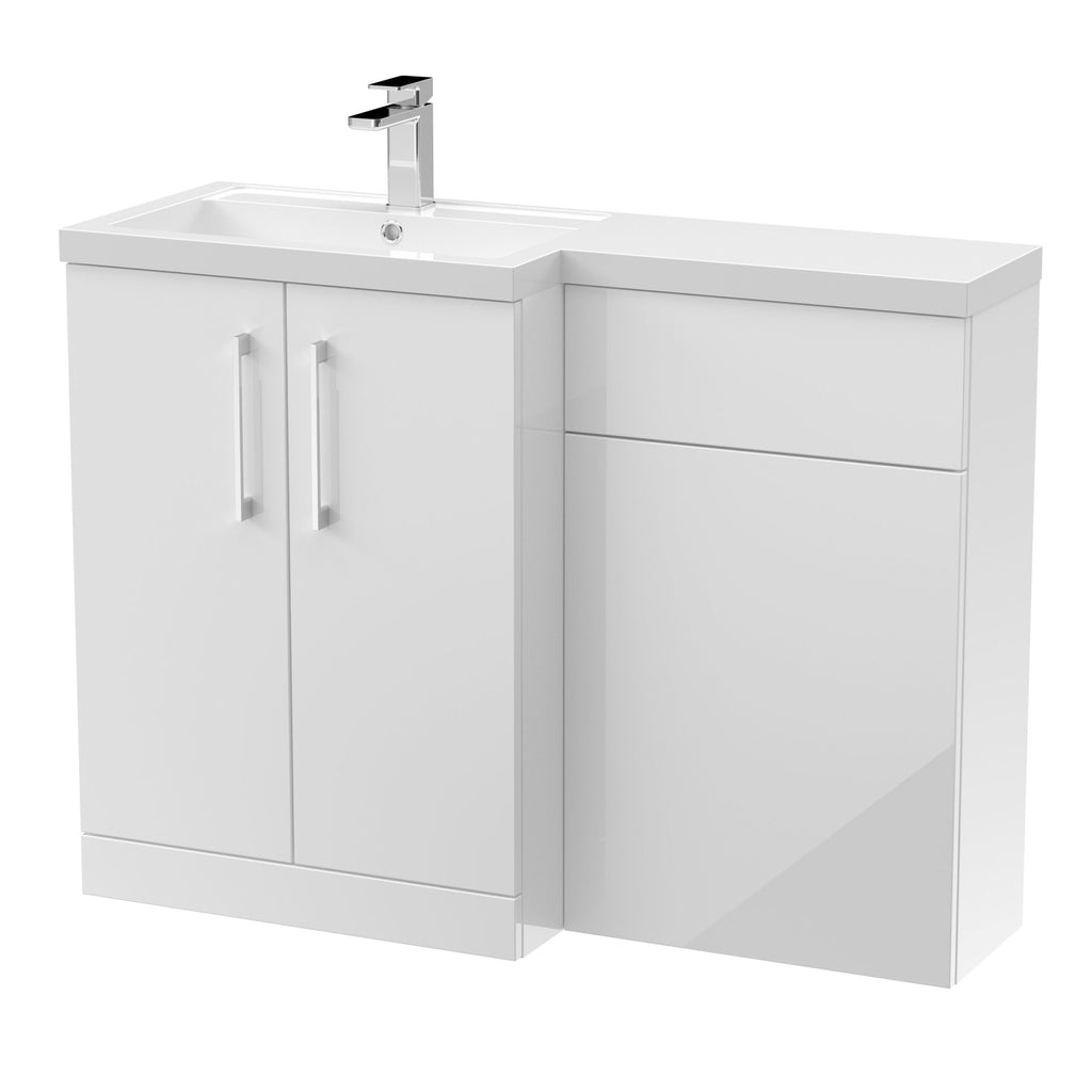Modern white bathroom vanity unit with ceramic sink and chrome tap, ideal for contemporary bathroom designs and storage solutions.