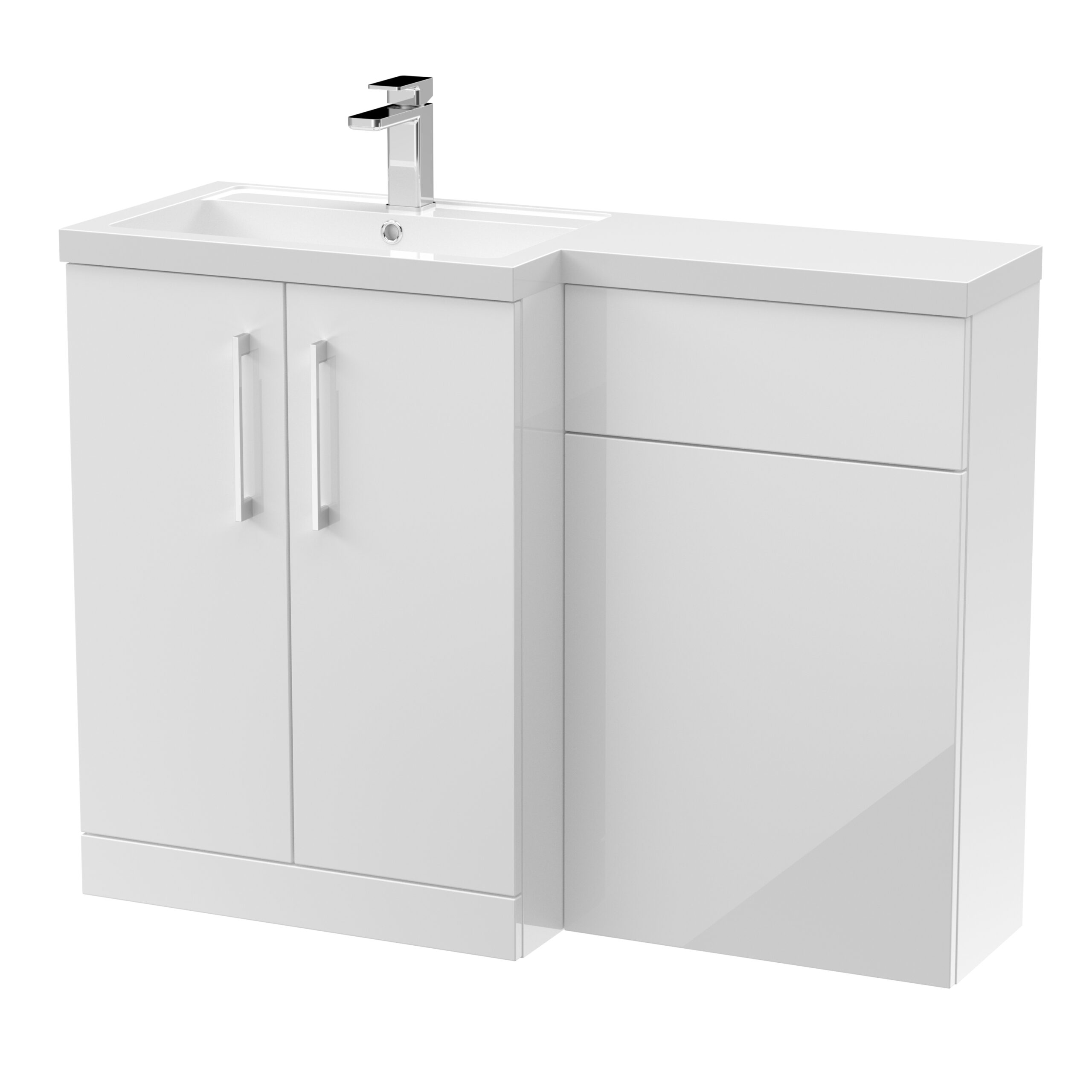 Modern white bathroom vanity unit with ceramic sink and chrome tap, ideal for contemporary bathroom designs and storage solutions.
