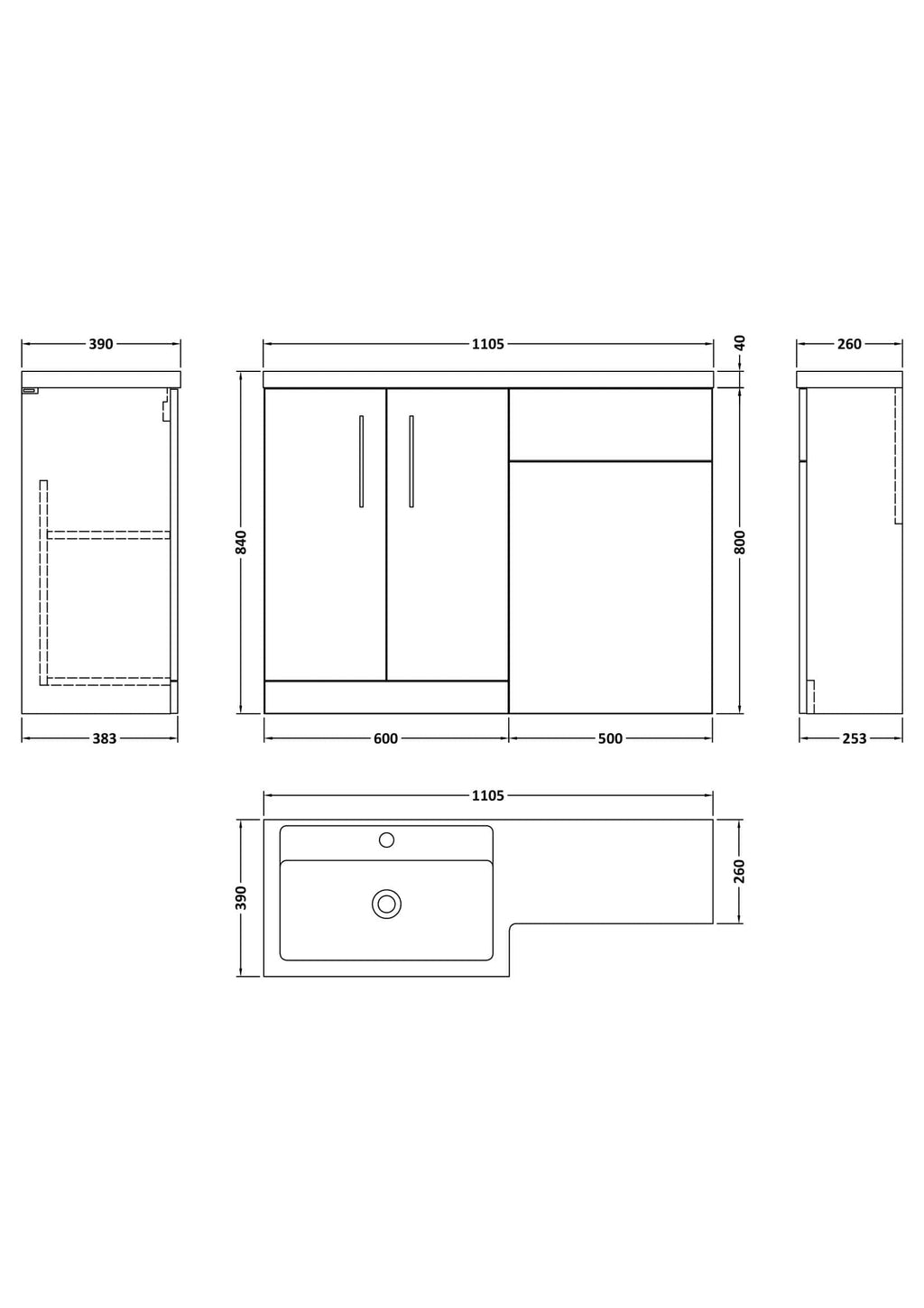 Modern bathroom vanity cabinet with integrated sink, detailed technical drawing including dimensions for custom bathroom furniture design.