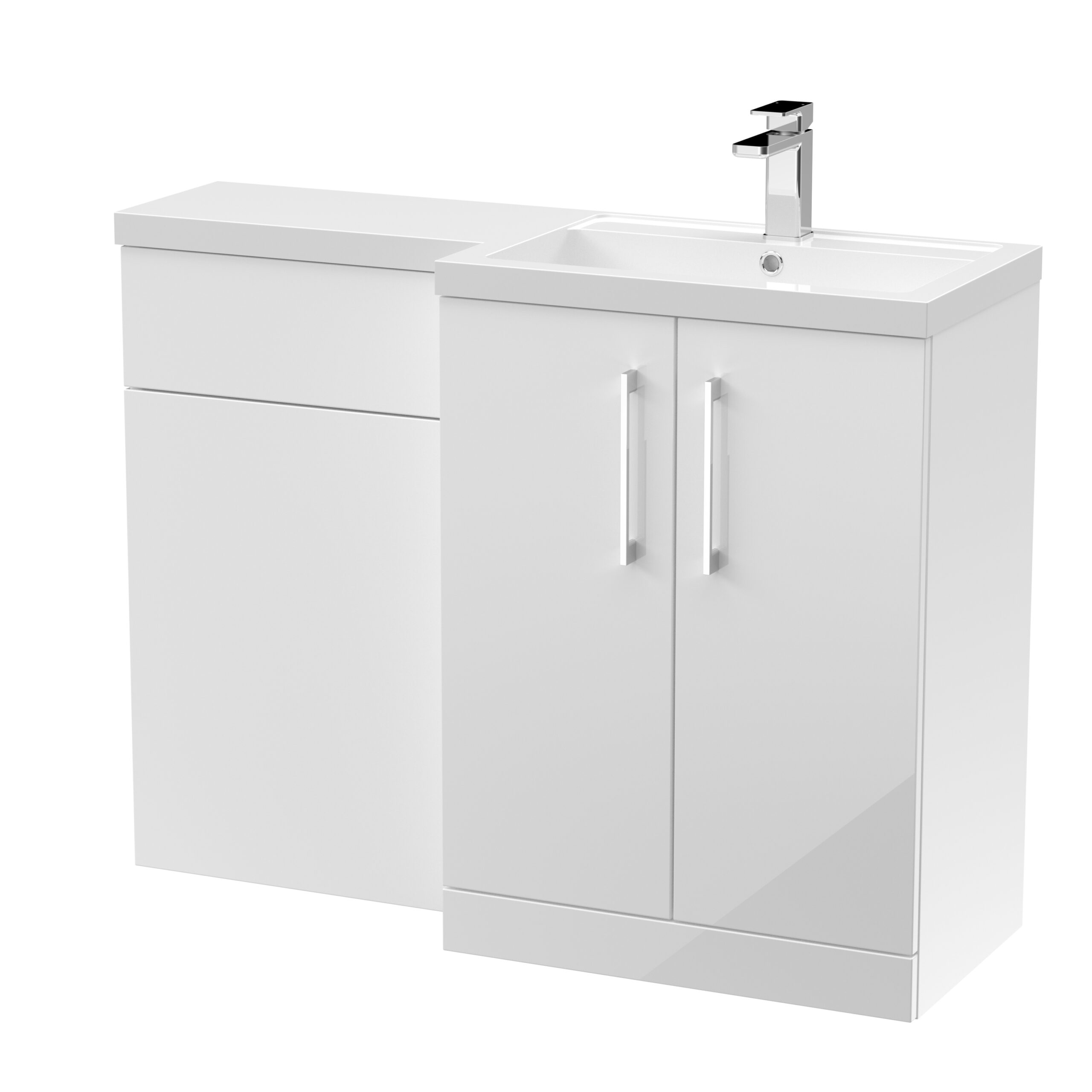 Modern white bathroom vanity with integrated sink and storage cabinet, ideal for bathroom renovation or upgrade, featuring sleek handles and clean design.