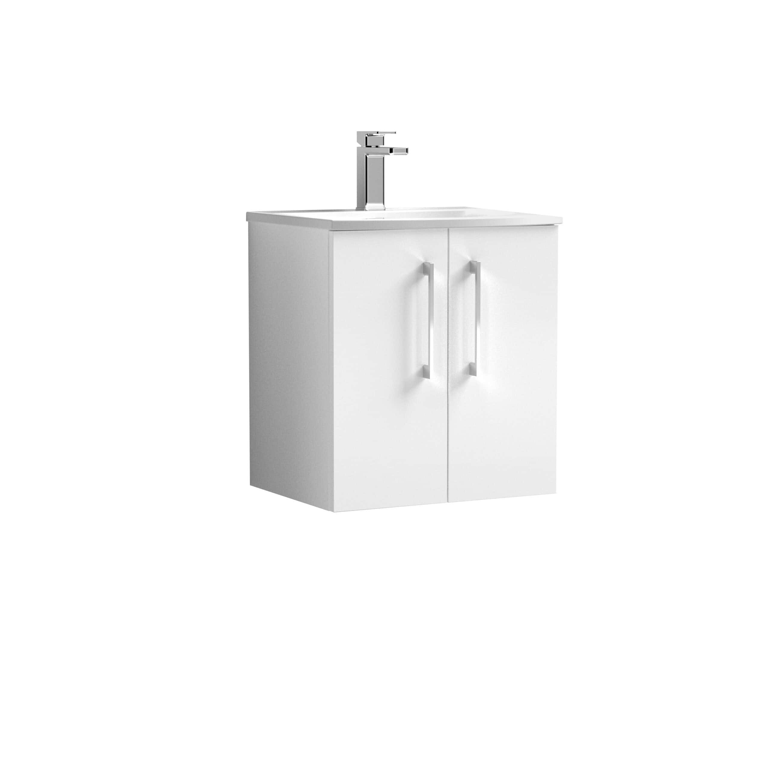 White bathroom vanity unit with integrated sink and modern chrome tap, ideal for contemporary bathroom decor. Durable cabinetry with sleek handles for easy access and storage. Suitable for small to medium bathroom spaces.