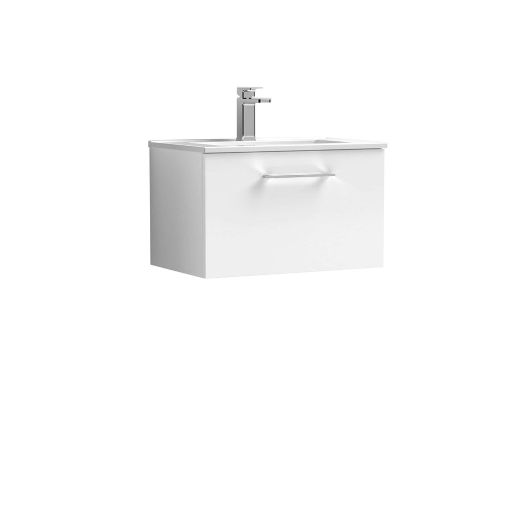 Sleek modern bathroom vanity with integrated sink and chrome faucet, ideal for contemporary bathroom designs.