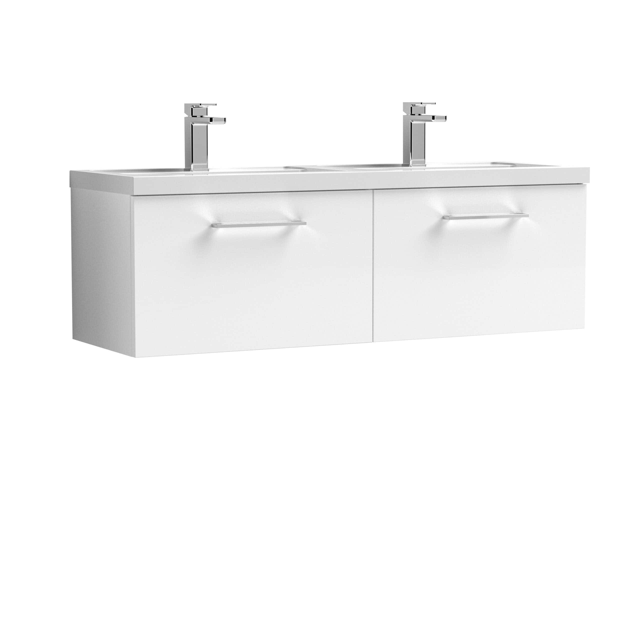 Modern double bathroom vanity with white finish and sleek chrome faucets, ideal for contemporary bathrooms and enhancing storage and style.