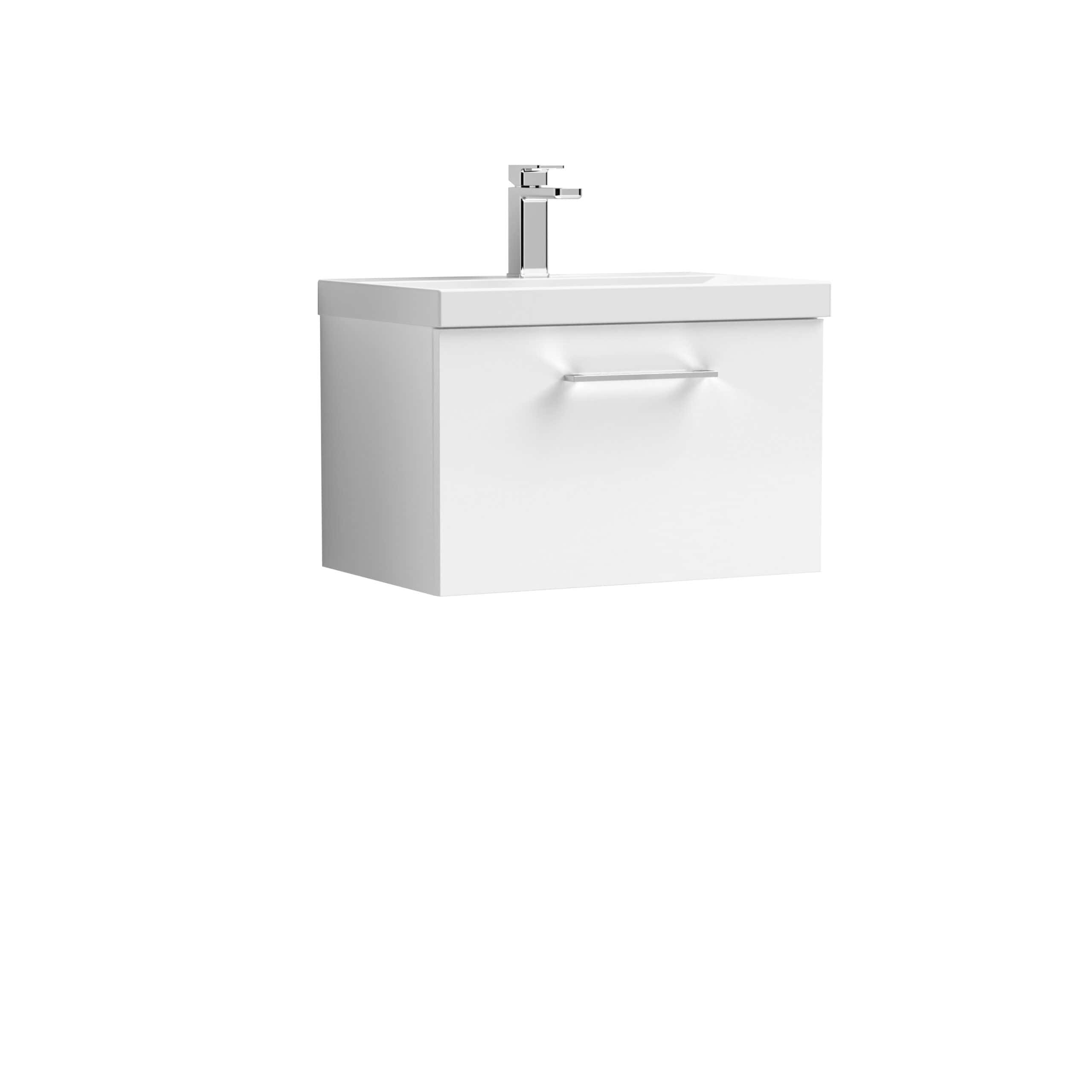 Modern white bathroom vanity with integrated sink and chrome faucet, ideal for contemporary bathroom design and space-saving storage solutions.