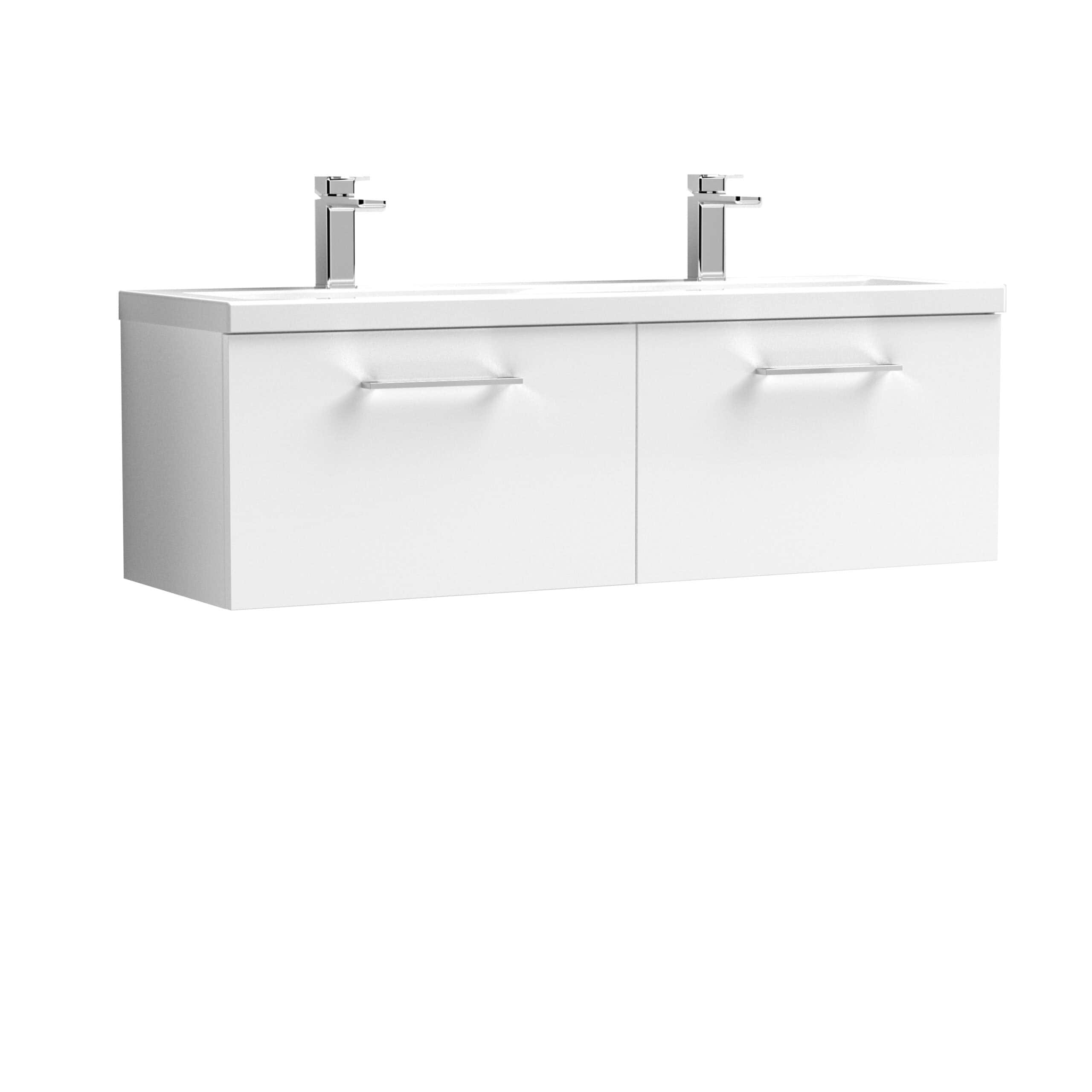 Modern white double bathroom vanity with integrated sinks and chrome faucets, ideal for stylish bathroom upgrades and vanity replacements.