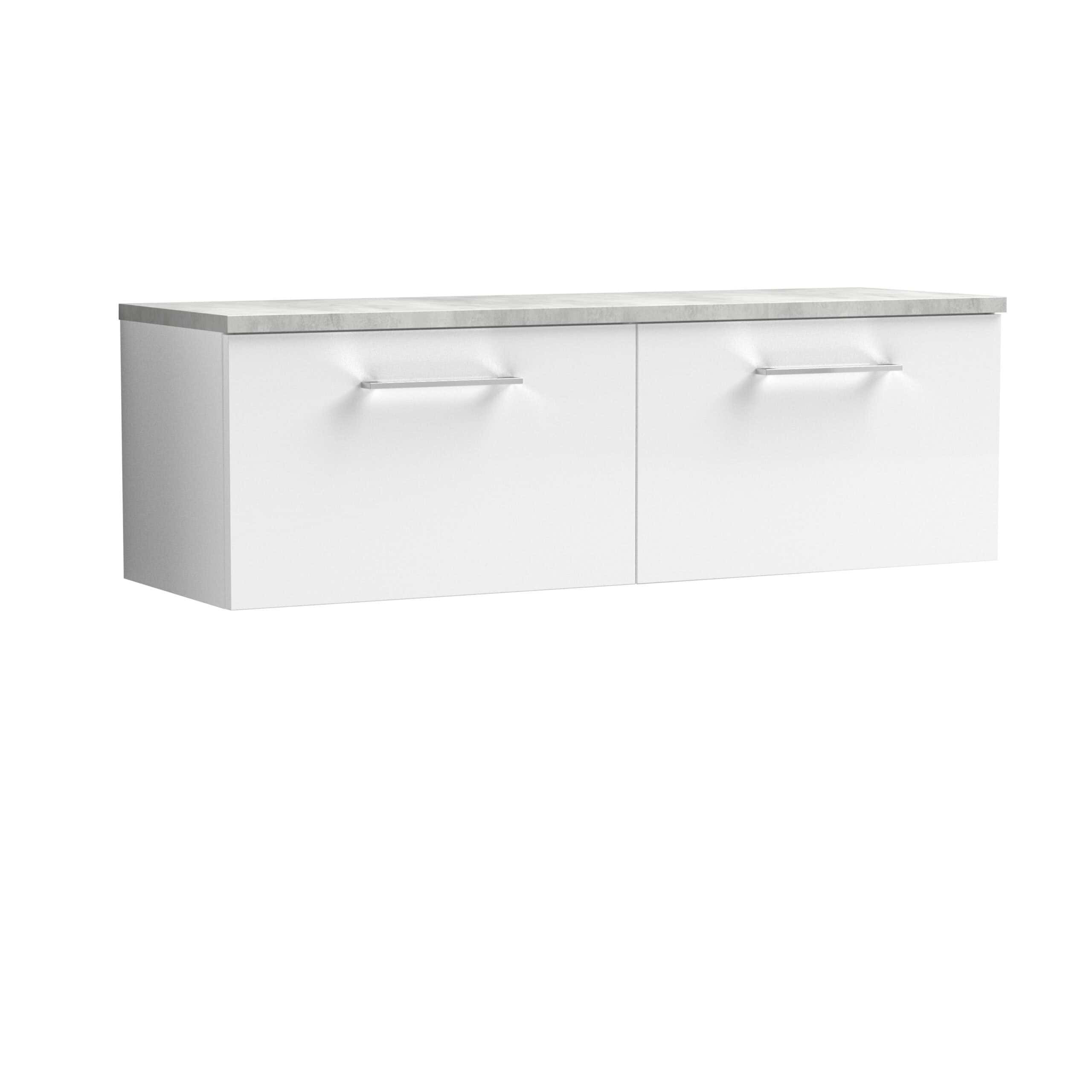 Sleek white bathroom vanity unit with a light grey marble top, modern handle details, perfect for contemporary bathroom design, offering stylish storage solutions and elegant aesthetics.