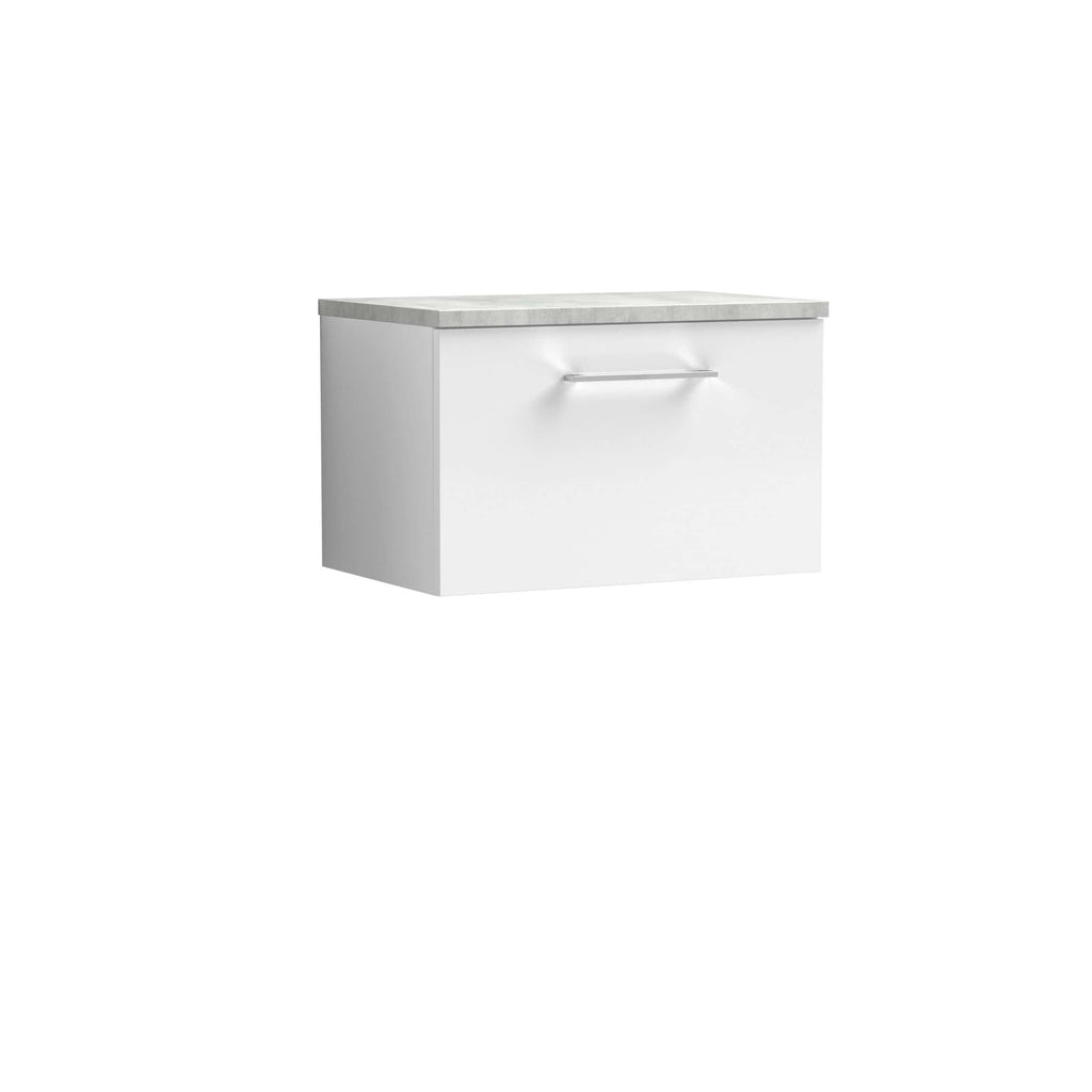 Minimalist white bathroom cabinet with a sleek handle and a marble-effect countertop for modern bathroom storage solutions.
