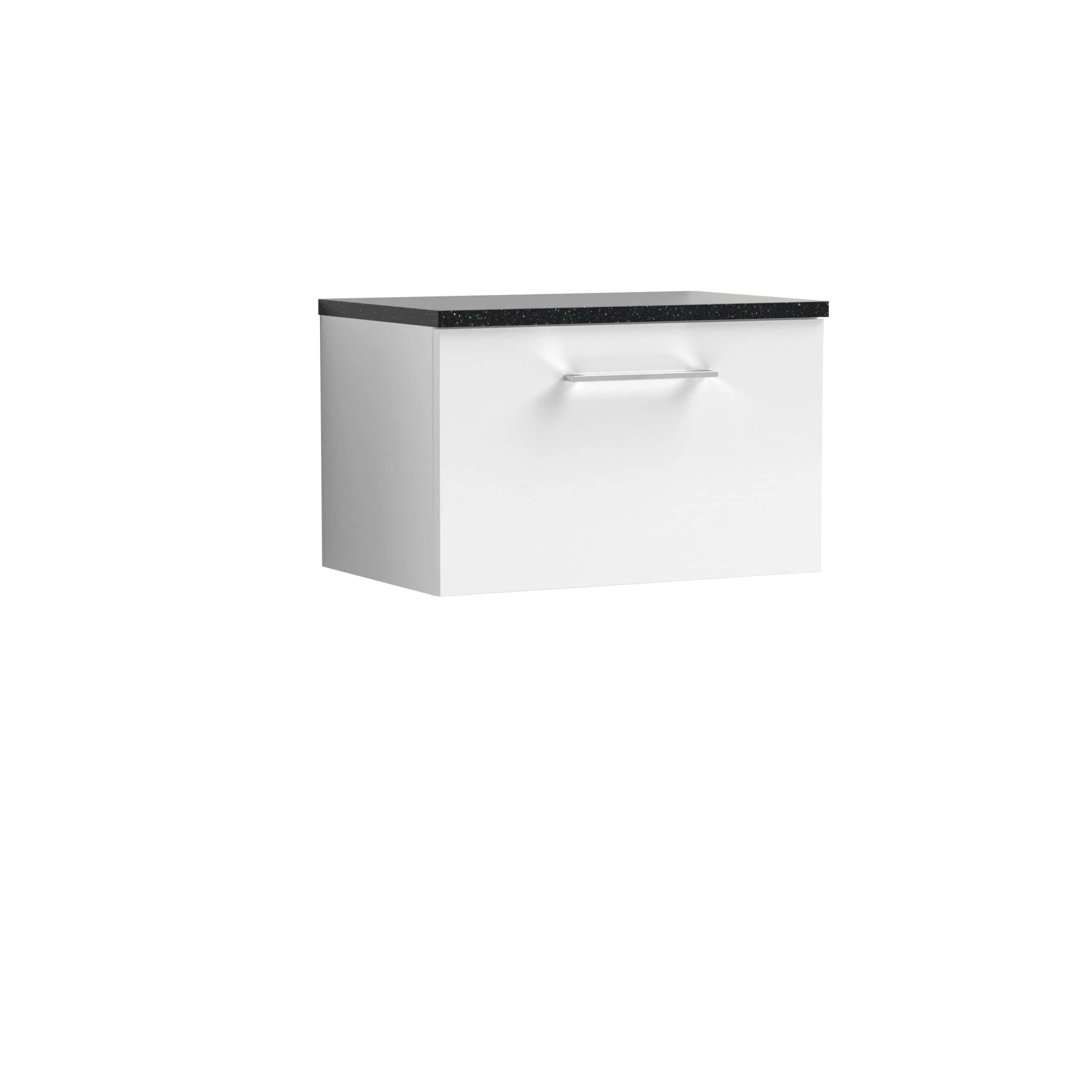 Sleek modern bathroom vanity cabinet with a black granite countertop and white storage space, ideal for contemporary bathroom design and organisation.