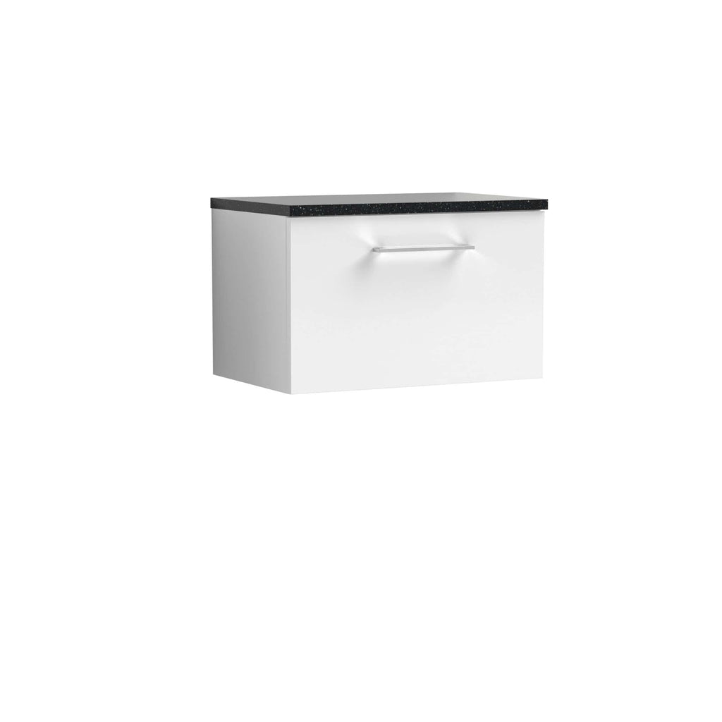 Sleek modern bathroom vanity cabinet with a black granite countertop and white storage space, ideal for contemporary bathroom design and organisation.