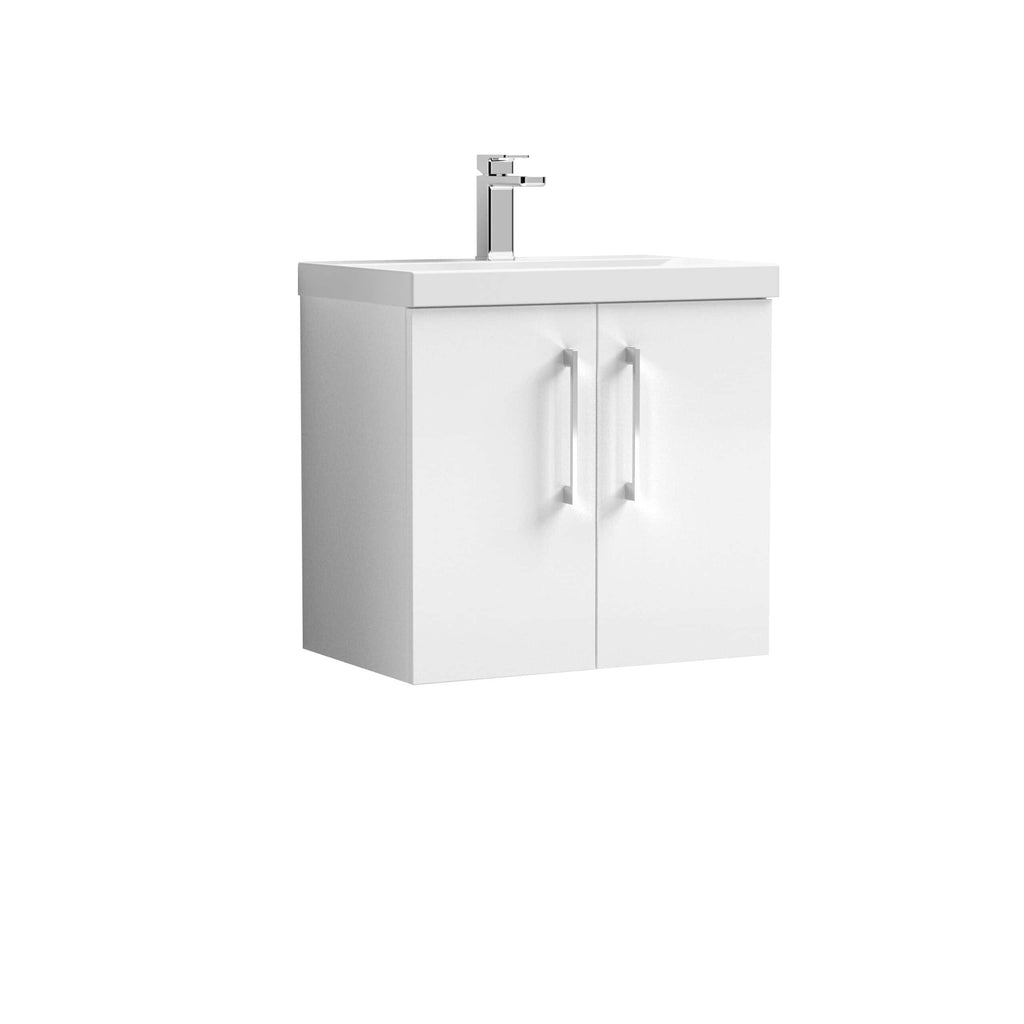 Modern white bathroom vanity with integrated sink and chrome tap, ideal for contemporary bathroom decor. Durable cabinet with storage space for bathroom essentials.