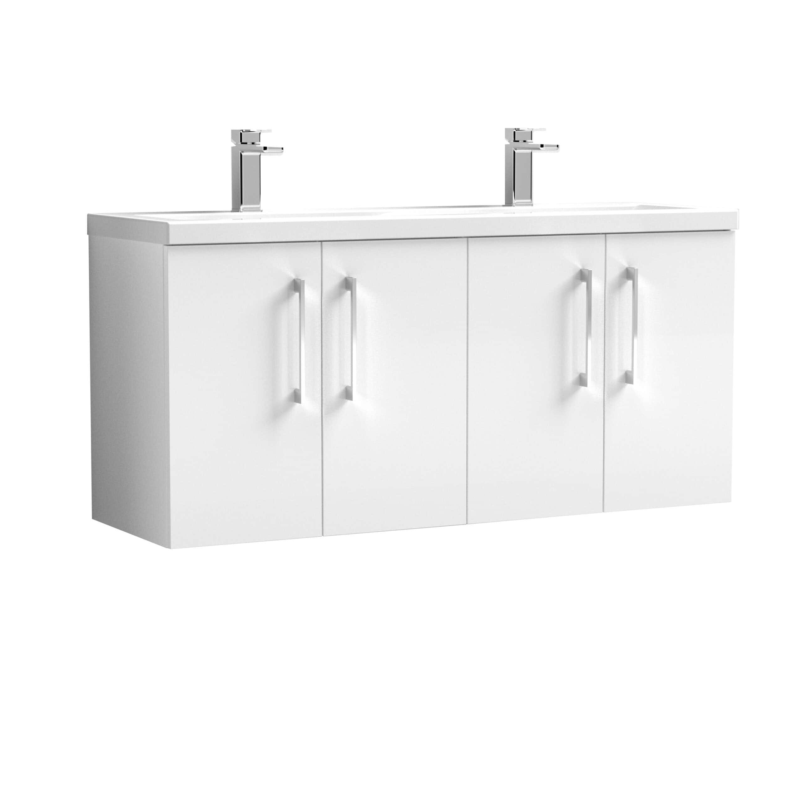 Modern white bathroom vanity unit with dual sinks and chrome taps, perfect for contemporary bathroom renovations.