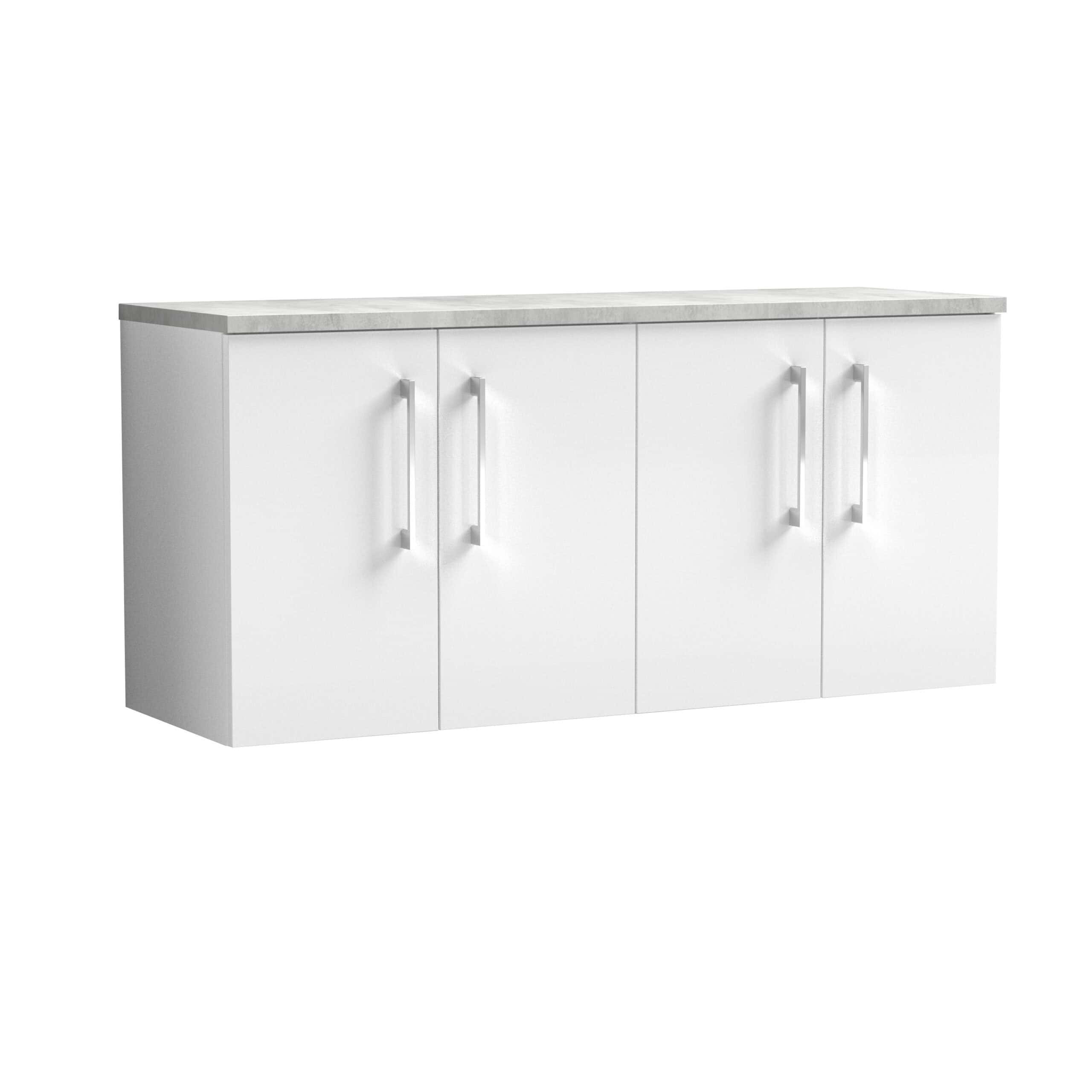 Modern white bathroom storage cabinet with sleek handles and a marble-effect countertop, perfect for contemporary bathroom designs and organisation.