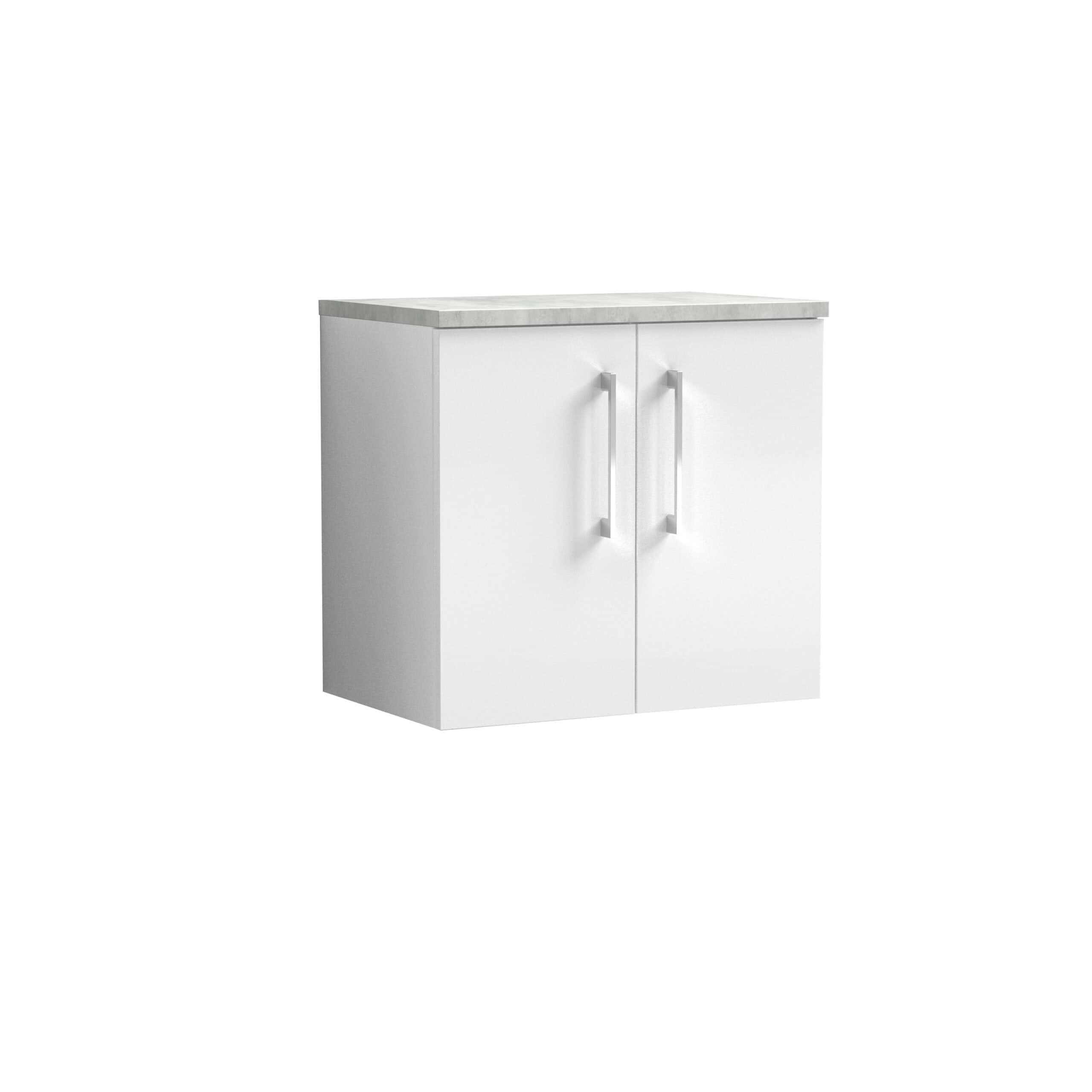 Modern white bathroom vanity with storage cabinet and marble countertop, ideal for contemporary bathroom decor and efficient space utilisation.