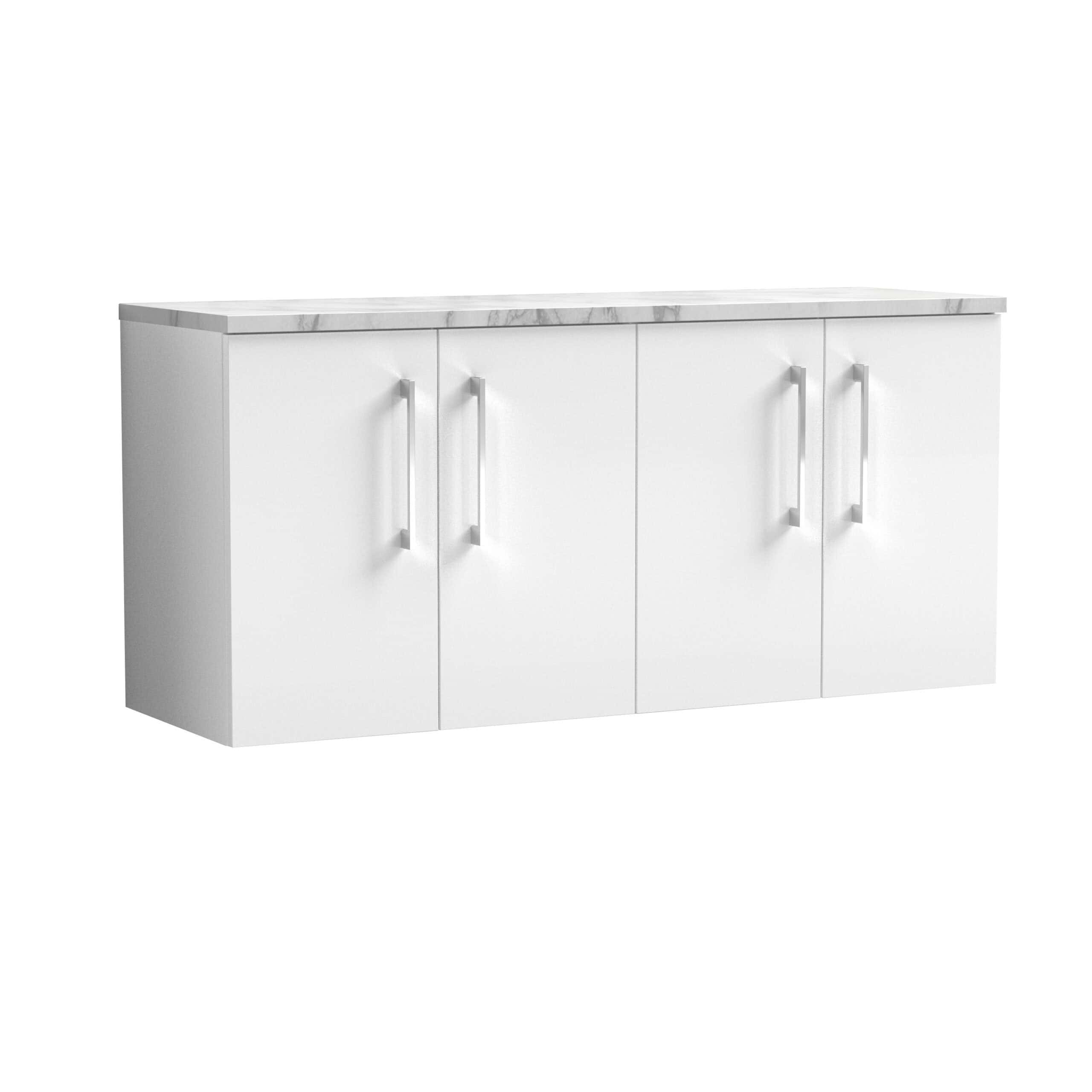 Sleek white bathroom cabinet with marble top, providing stylish storage for modern bathrooms. Durable finish with elegant handles, ideal for organising toiletries and bathroom essentials.