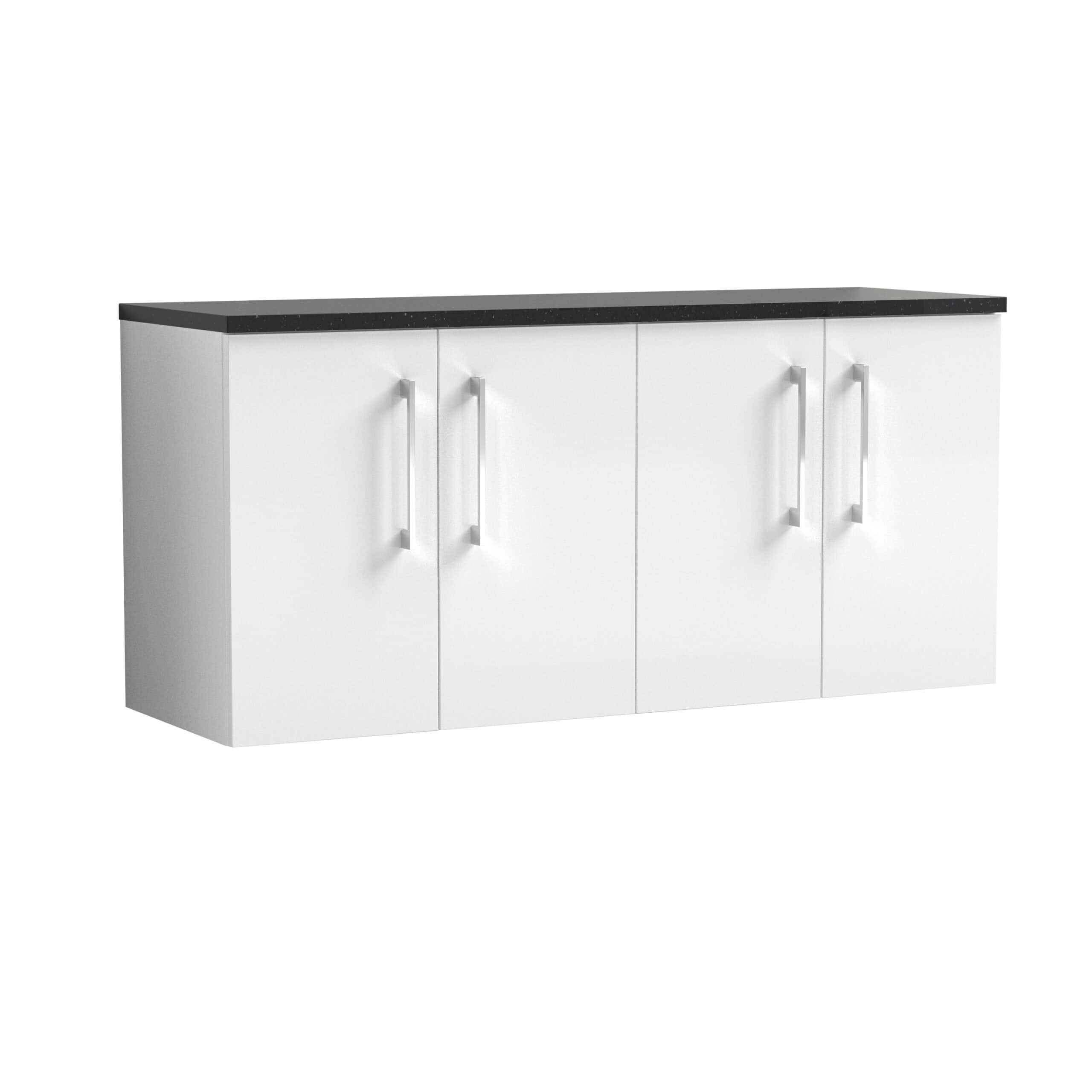 Sleek white bathroom vanity unit with black countertop, modern design, and chrome handles; ideal for contemporary bathroom storage and washbasin setup.