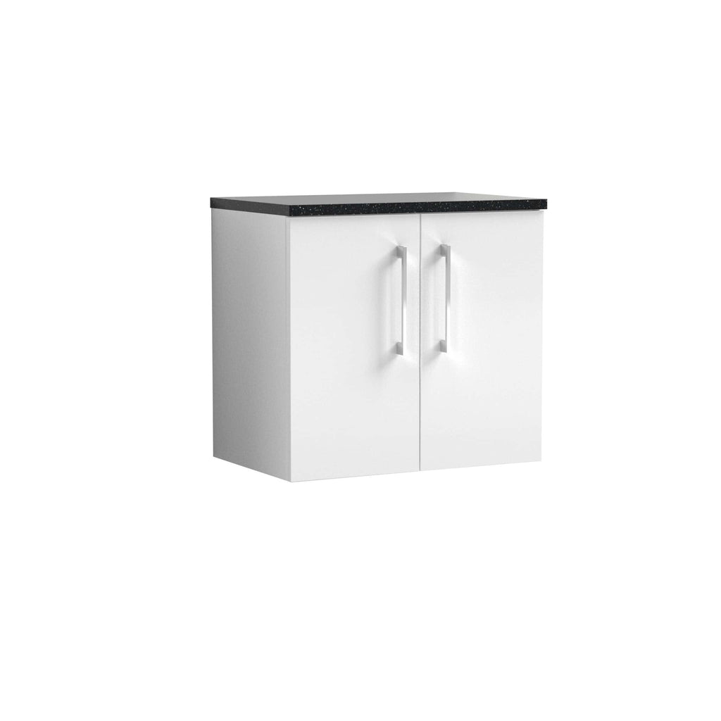Modern white bathroom cabinet with black countertop and sleek handles, ideal for bathroom storage solutions. Crafted for style and functionality, perfect for contemporary bathroom interiors.