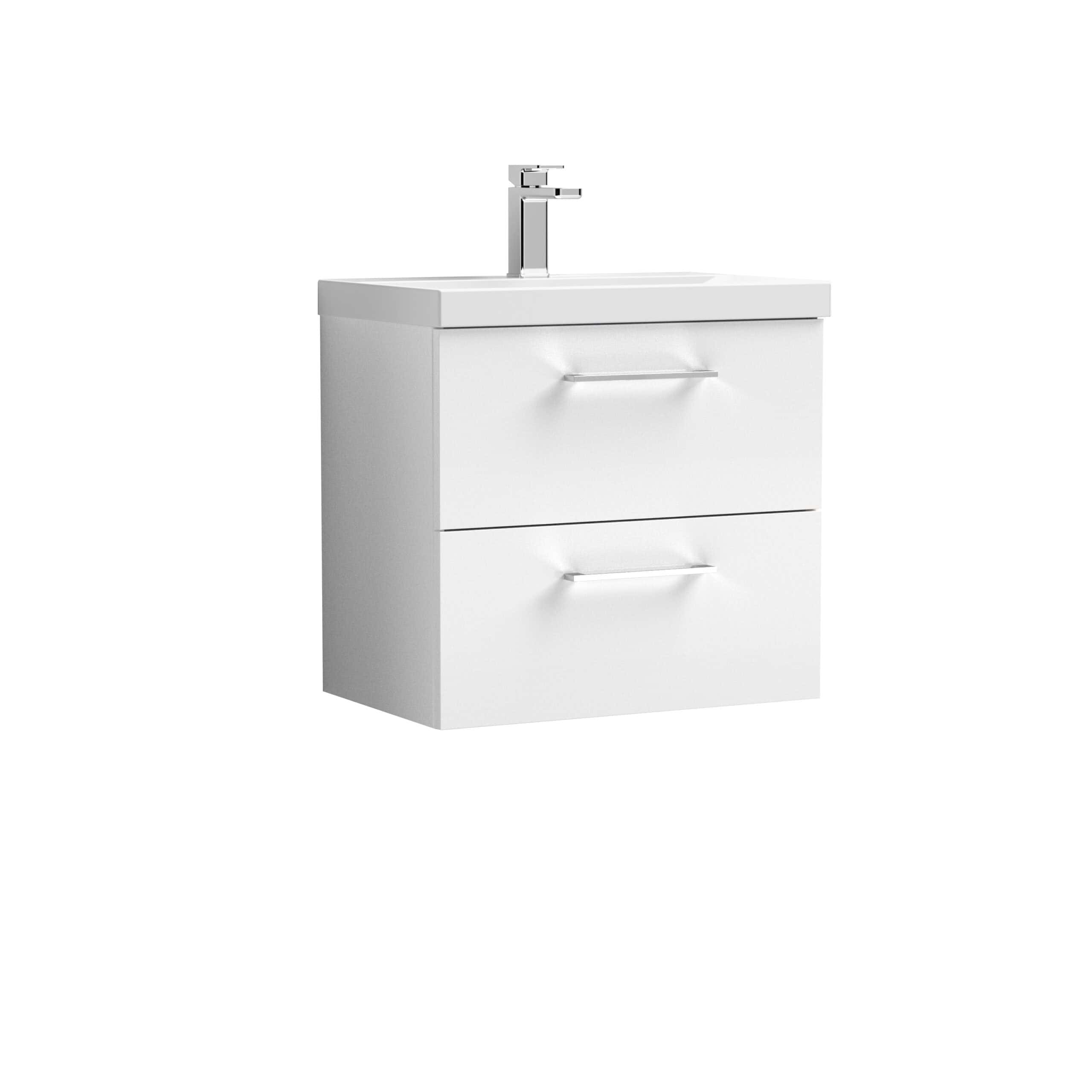 Modern white bathroom vanity with built-in sink and chrome faucet, showcasing sleek storage drawers for organised bathroom essentials.