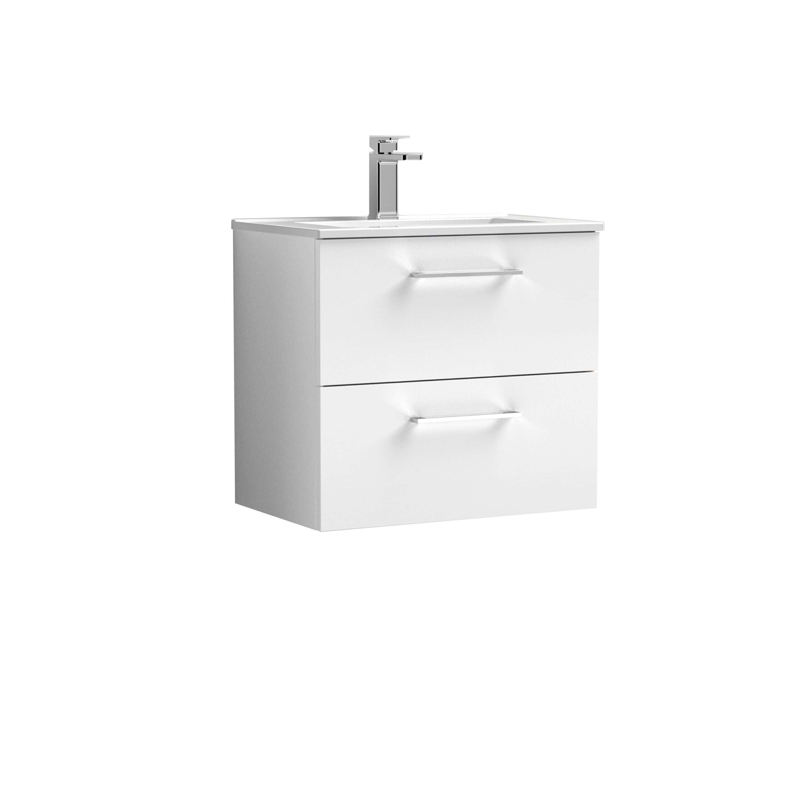 Sleek white bathroom vanity unit with integrated sink and chrome tap, ideal for modern bathroom decor, offering practical storage solutions and stylish design.
