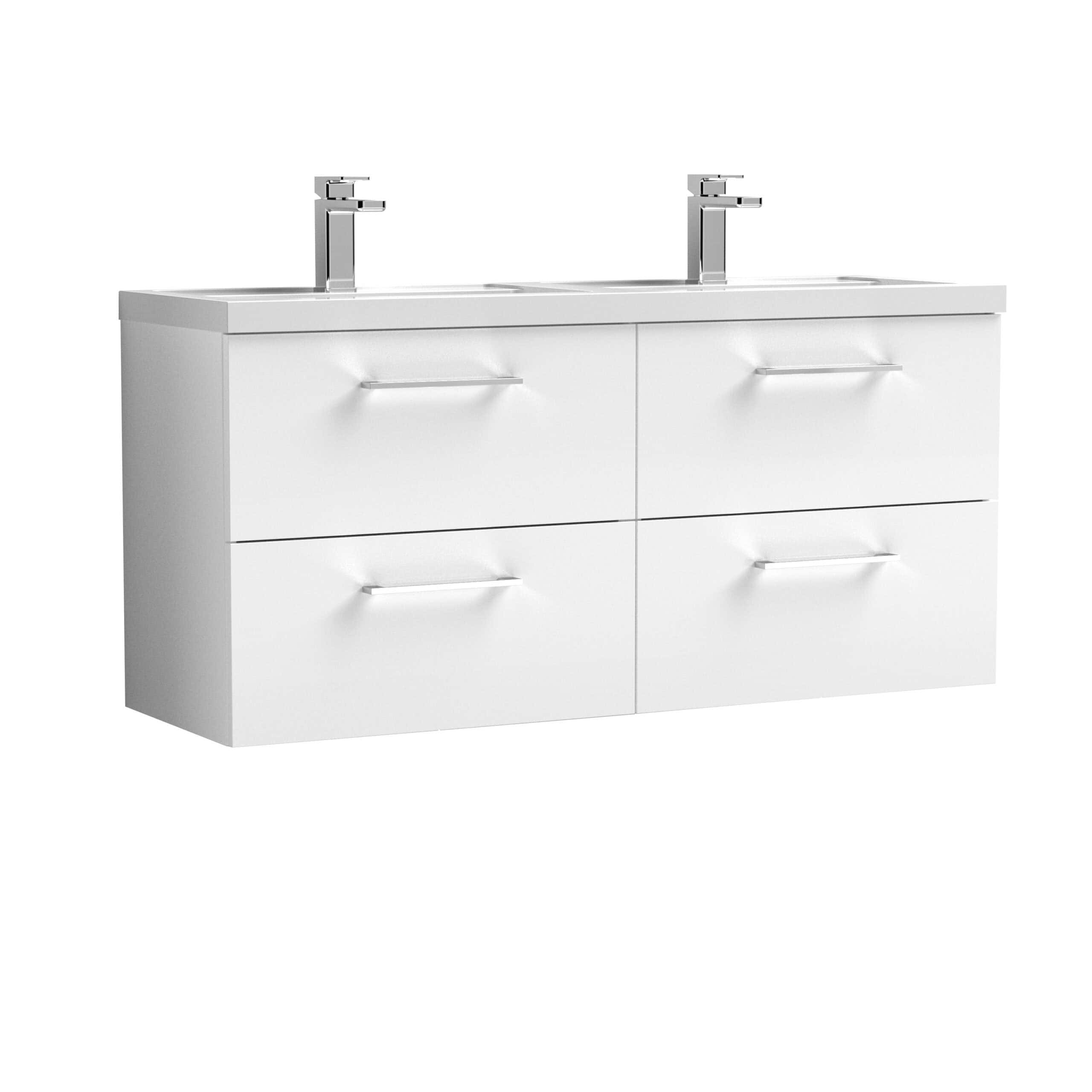 Modern white double bathroom vanity unit with two sinks and chrome faucets, ideal for contemporary bathrooms. Sleek design with four spacious drawers for ample storage.