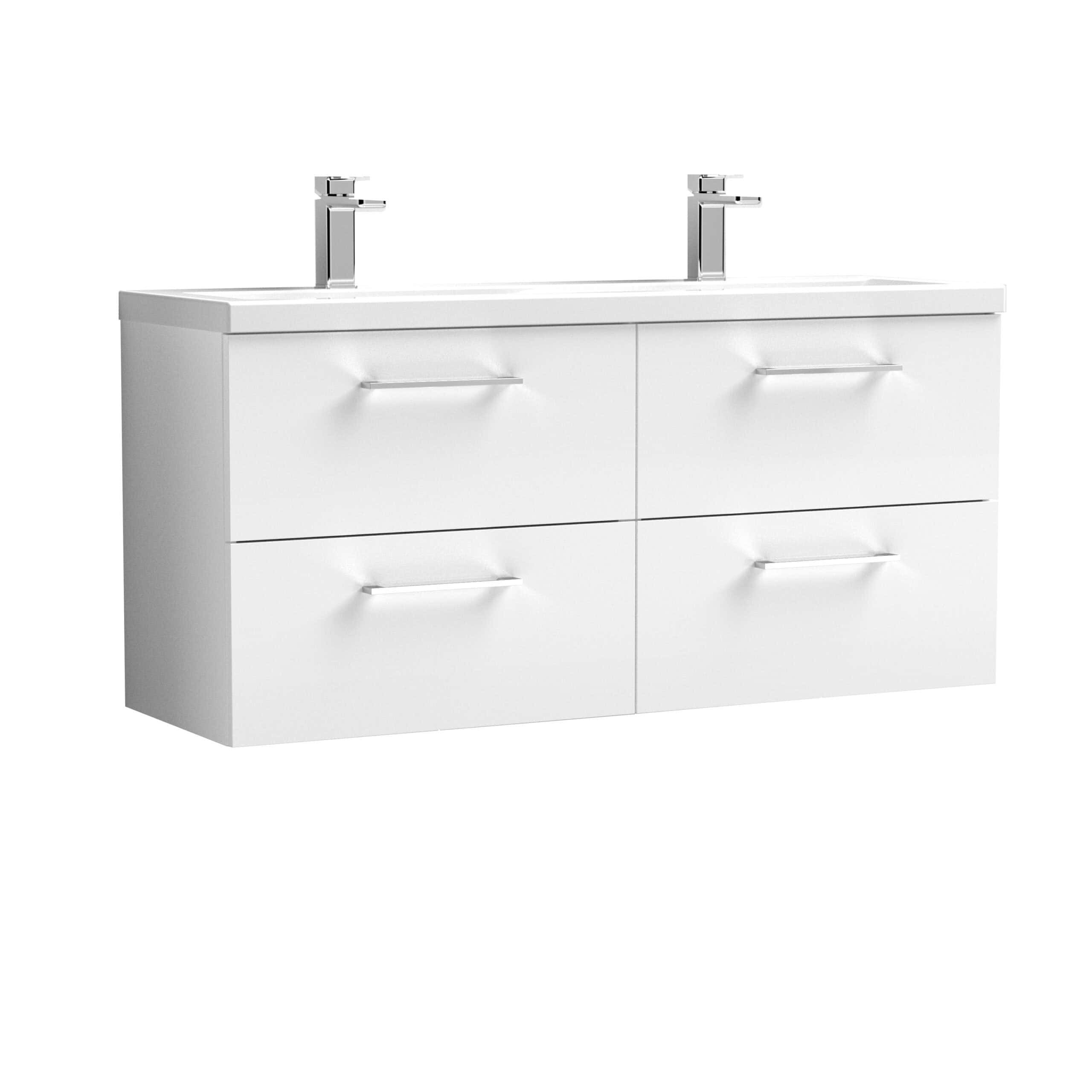 Sleek modern double bathroom vanity unit with integrated sinks, chrome handles, and ample storage drawers, ideal for contemporary bathroom designs and space optimisation.