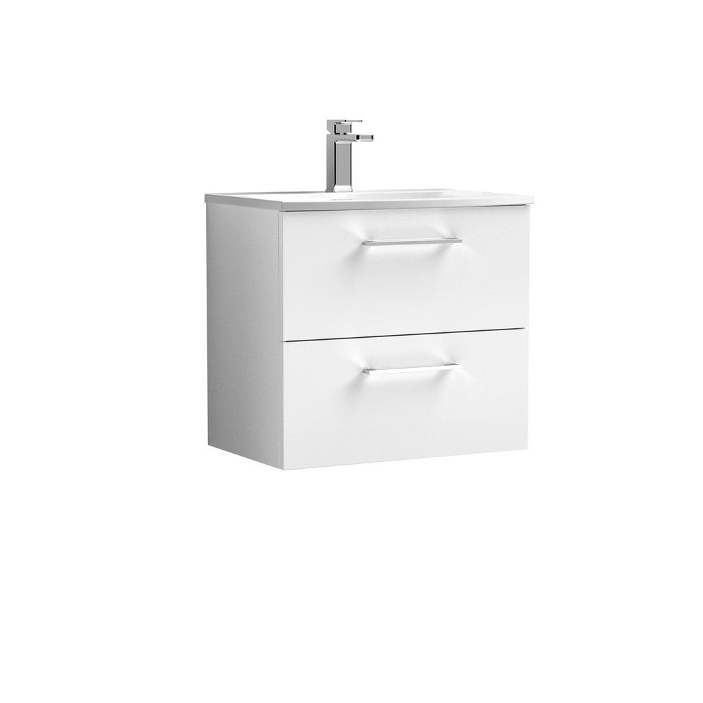 Sleek white bathroom vanity with integrated sink and modern chrome tap, ideal for contemporary bathroom decor. Features two spacious drawers for convenient storage, perfect for a stylish and functional bathroom upgrade.