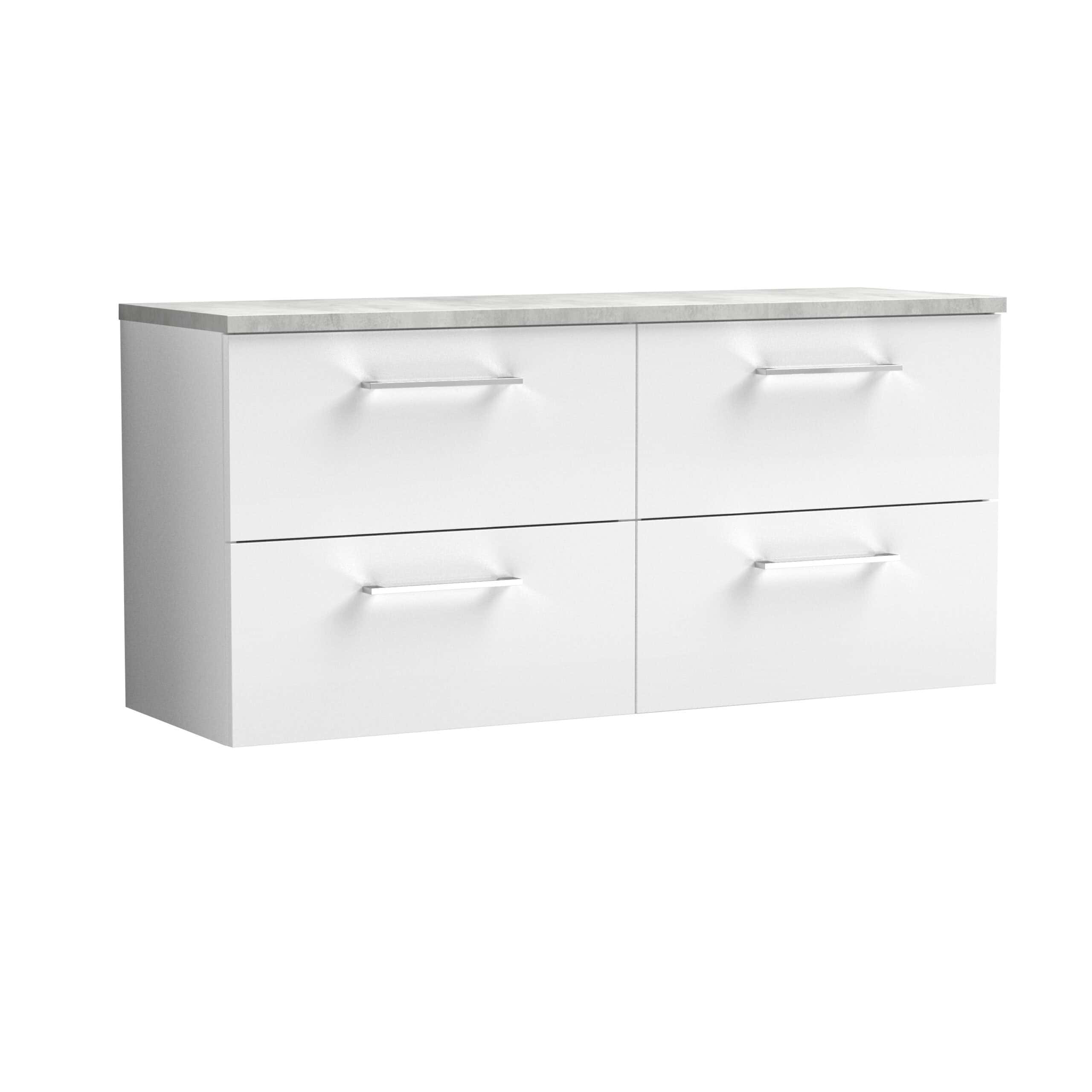 Modern white bathroom vanity unit with four drawers and marble top for stylish bathroom storage solutions, ideal for contemporary bathroom interiors.