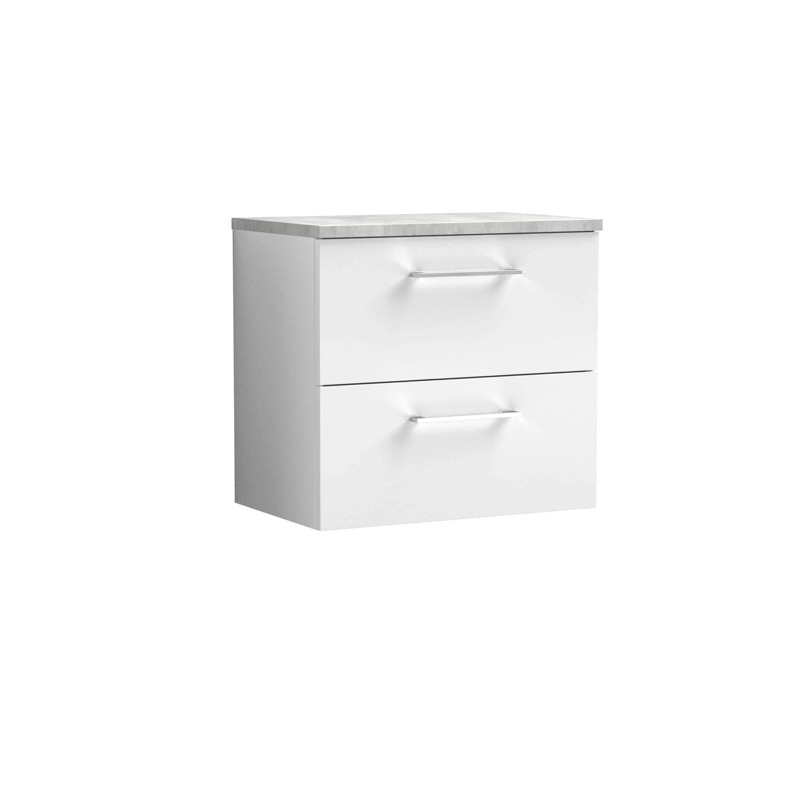 Modern white bathroom vanity unit with two drawers, minimalist design, suitable for contemporary bathrooms, includes marble effect countertop, sleek silver handles, versatile storage solution by Bubly Bathrooms.