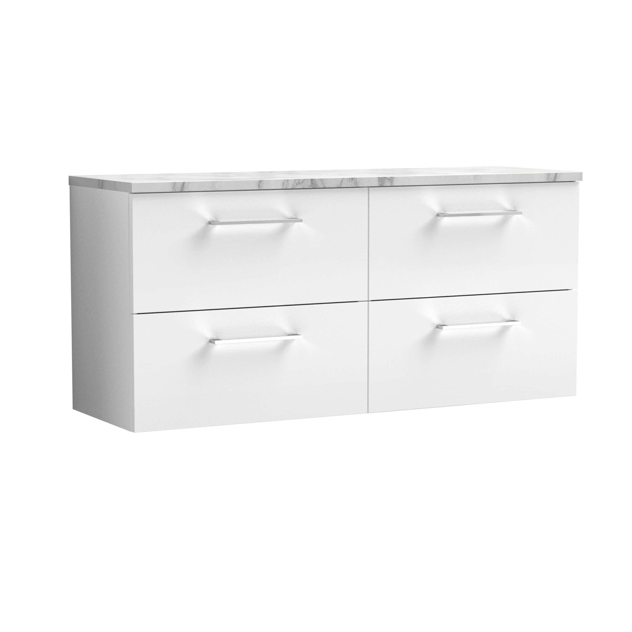 Modern white bathroom vanity with marble top and sleek handles, ideal for contemporary bathroom design.
