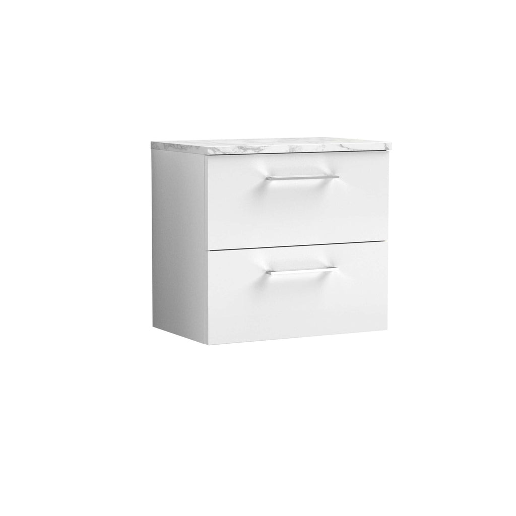 Sleek white bathroom vanity with marble top, two drawers with modern handles, perfect for contemporary bathroom storage and organisation. Designed by Bubly Bathrooms for stylish interiors.