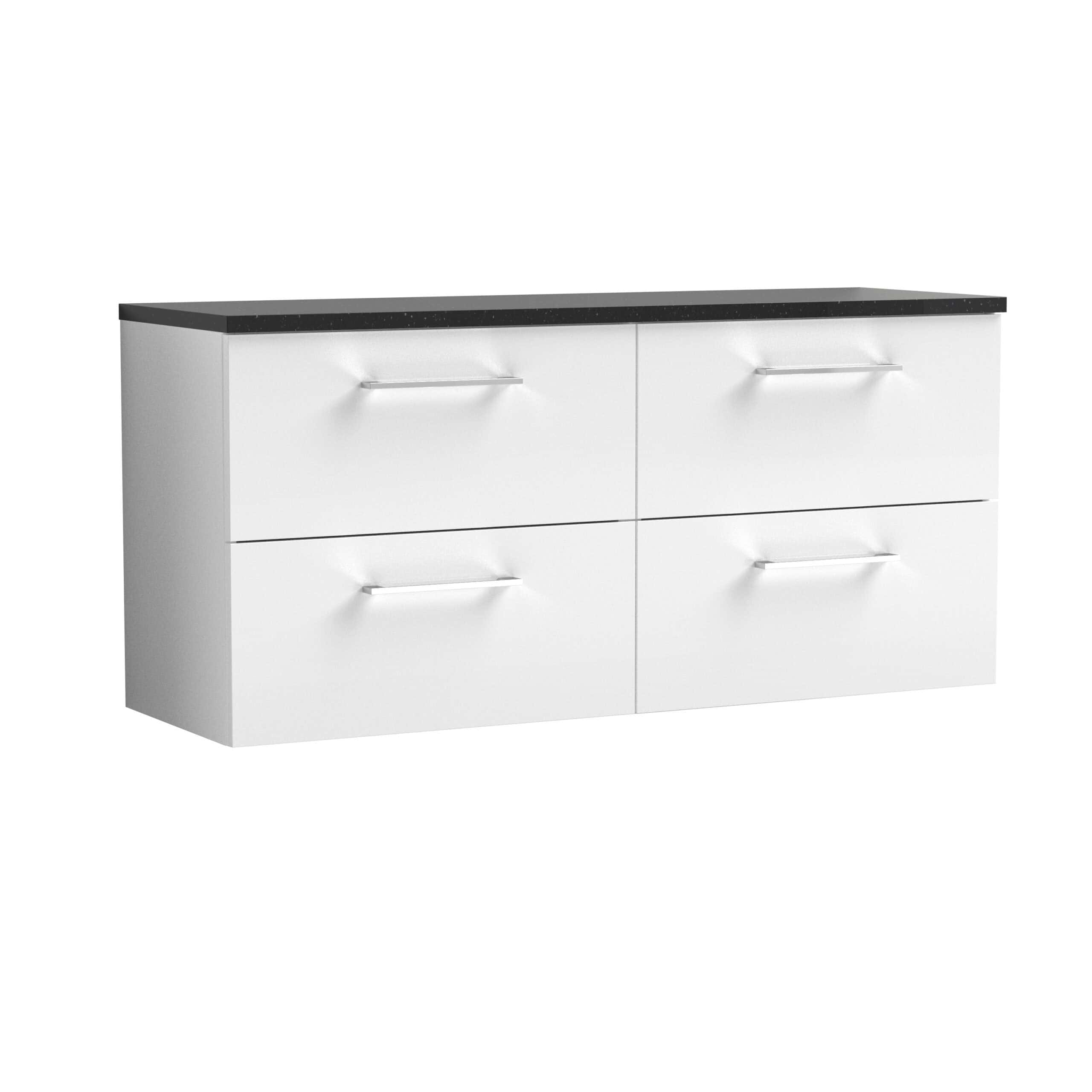 Sleek white bathroom vanity unit with four drawers and a black countertop, modern bathroom storage solution, perfect for organising toiletries and accessories.