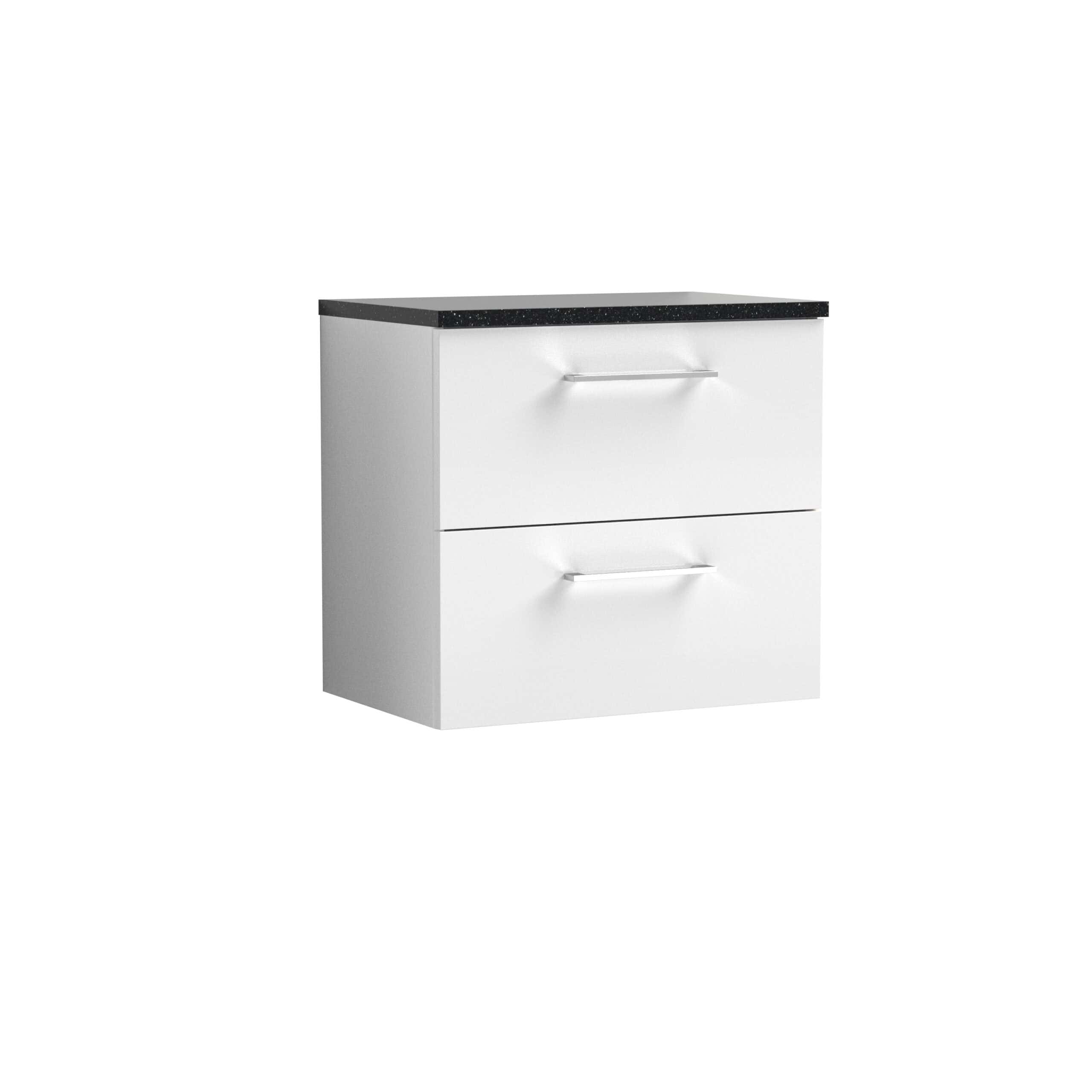 Modern white bathroom vanity with black granite top and dual drawers, ideal for contemporary bath design. Sleek handles for easy access, perfect for bathroom storage solutions.